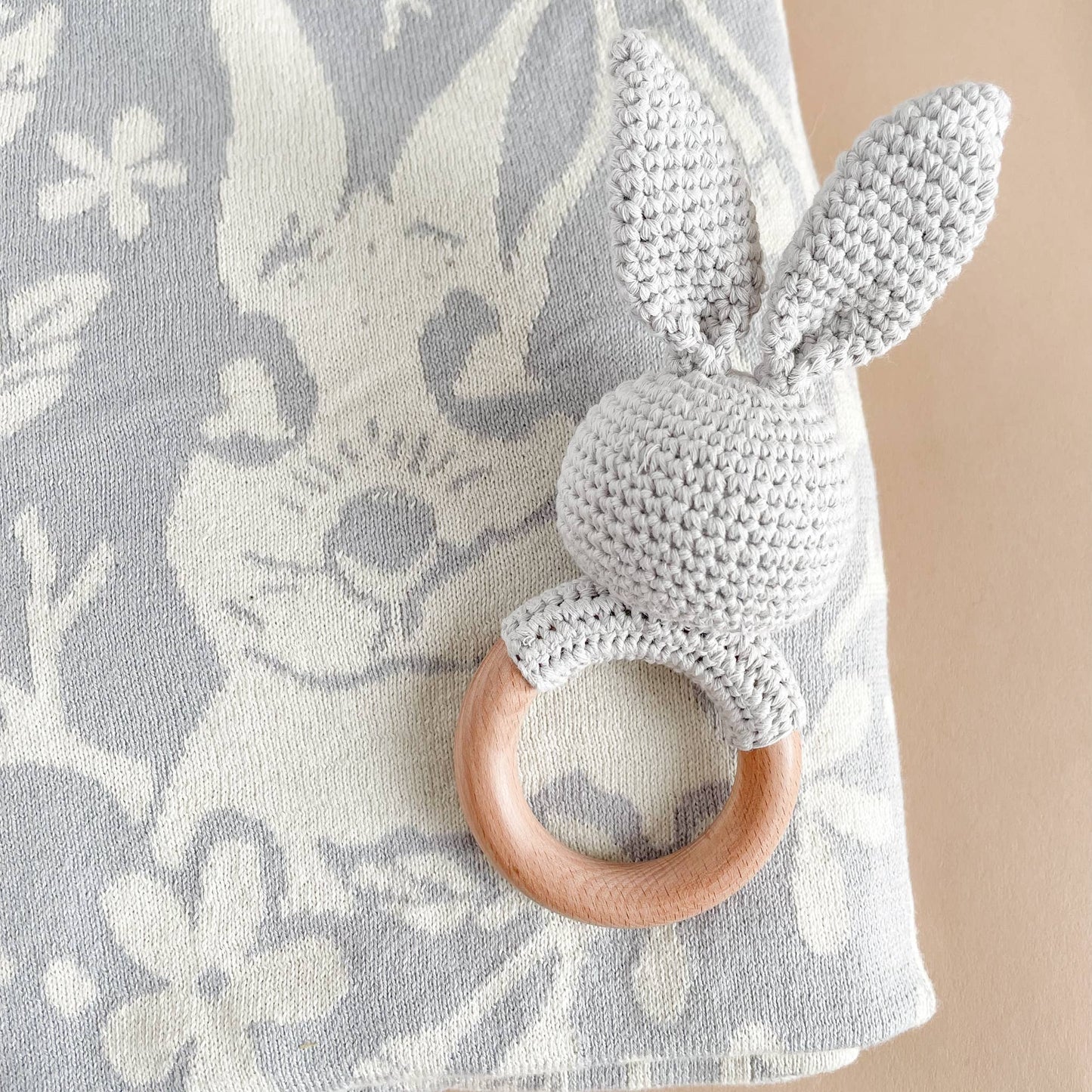 The Blueberry Hill - Teether Bunny Grey Cotton Rattle Baby Gift Spring