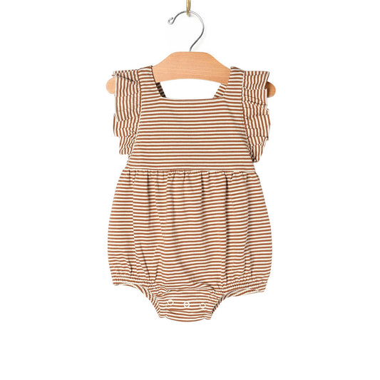 City Mouse Studio - Baby Spring Overall Flutter Romper- Toffee Stripe