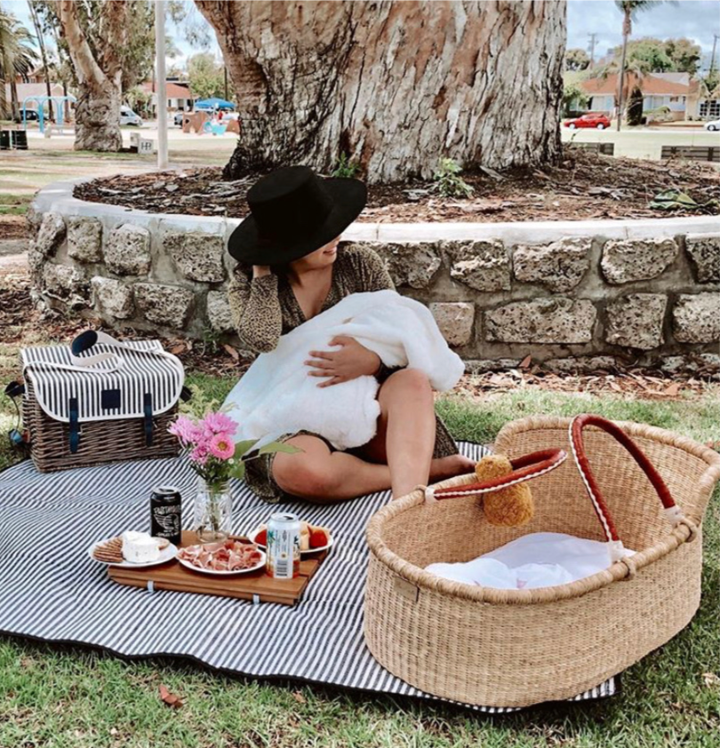 ***Available in-store only!!***Plum & Sparrow - Natural- African Moses Basket - Cognac + Cream Handle/ Mattress, Liner and Pom Pom set included!