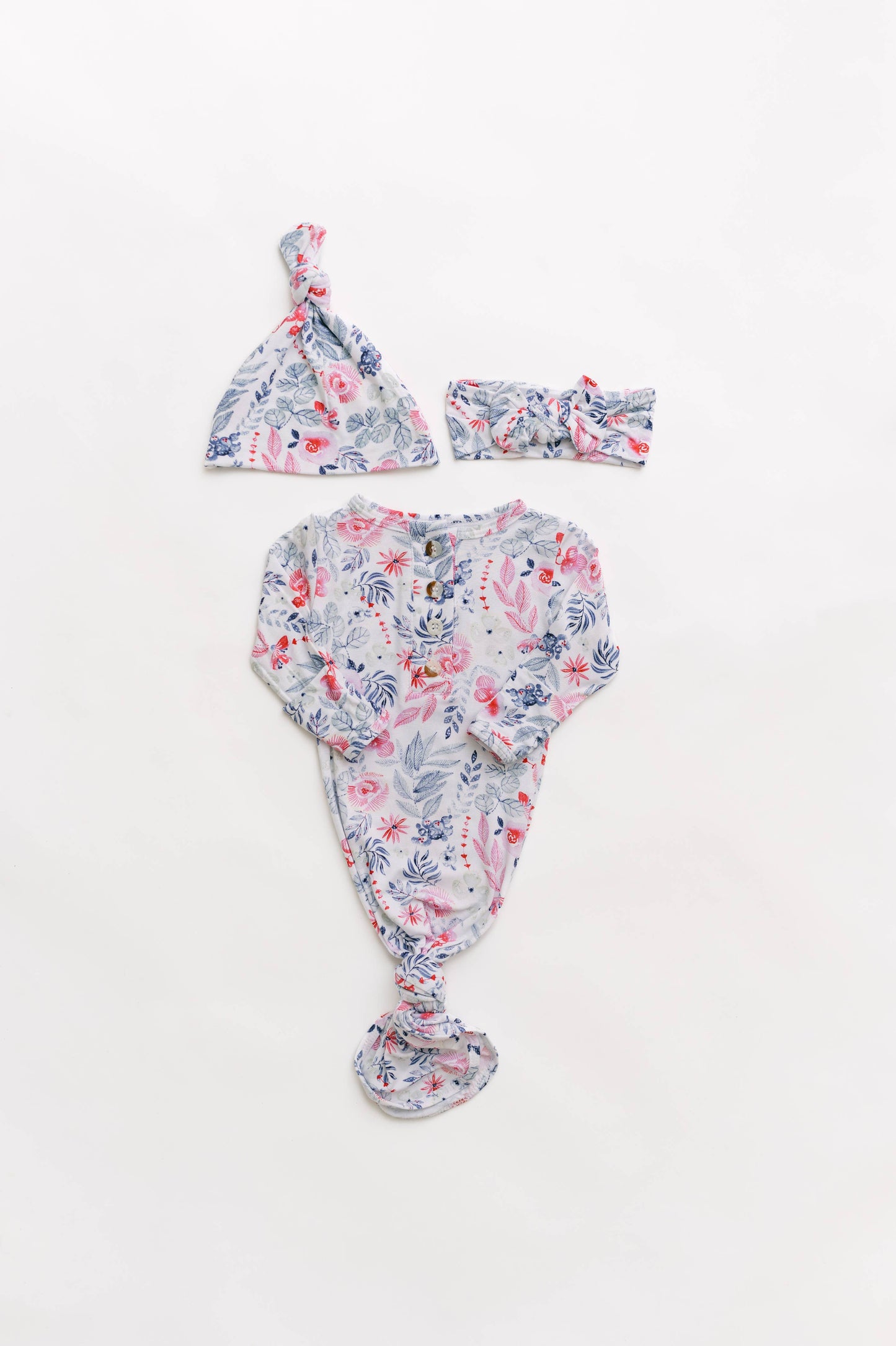 Stroller Society - Newborn Knotted Baby Gown, Bow, Hat Set - Baby Clothes Girl