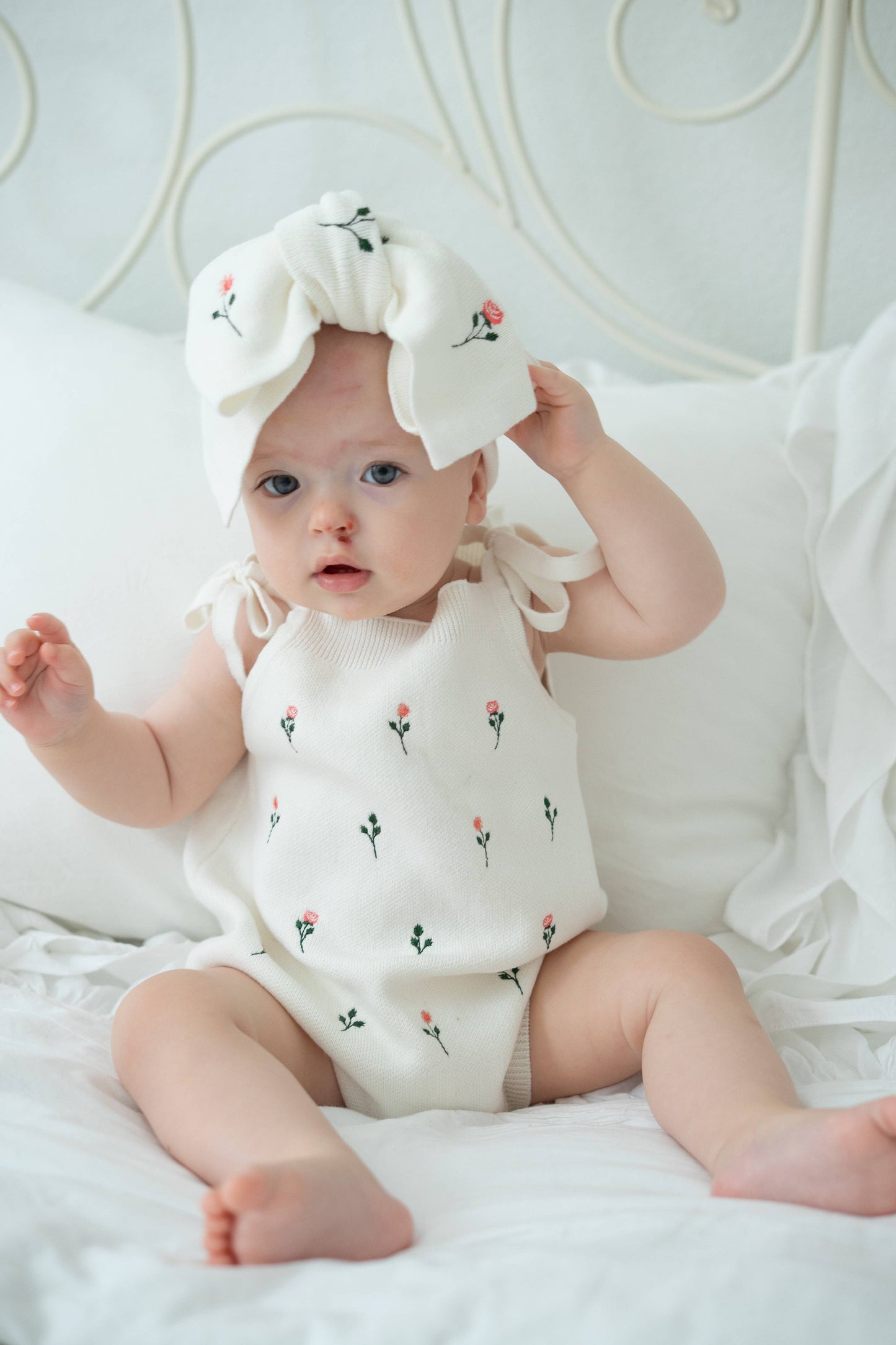 Luna + Luca - Floral Embroidery Romper + Bow - White