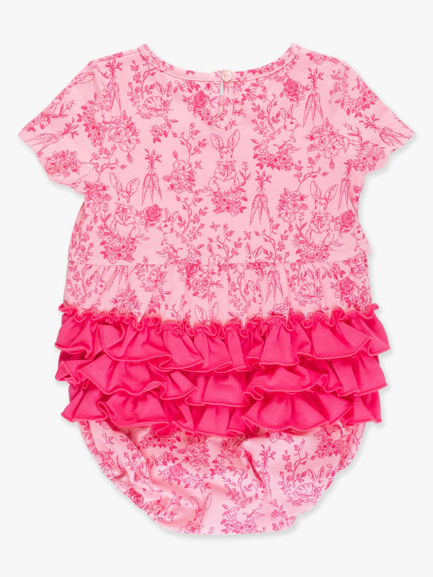 RuffleButts + RuggedButts - Baby Girls Pink Cottontail Toile Knit Short Sleeve Bow Bubble Romper