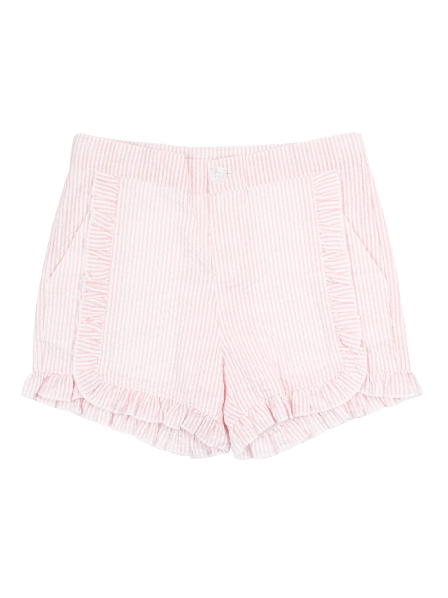 RuffleButts + RuggedButts - Girls Pink Seersucker Ruffle Trim Woven Shorts