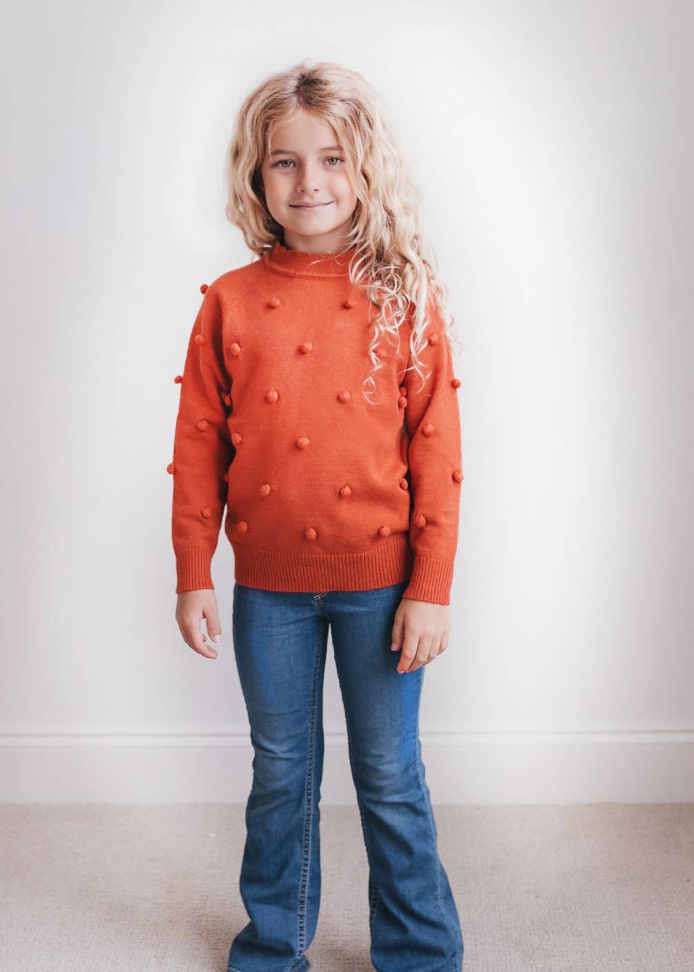 Adorable Sweetness - Kids Rust Pom Pom Fall Winter Scalloped Crew Neck Sweater