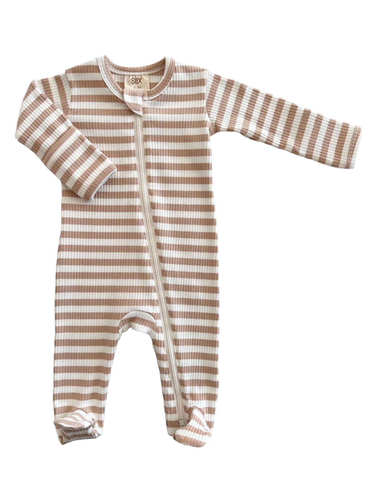 SIIX Collection - Tan Stripe / Organic Ribbed Zip Footie (Baby - Kids)