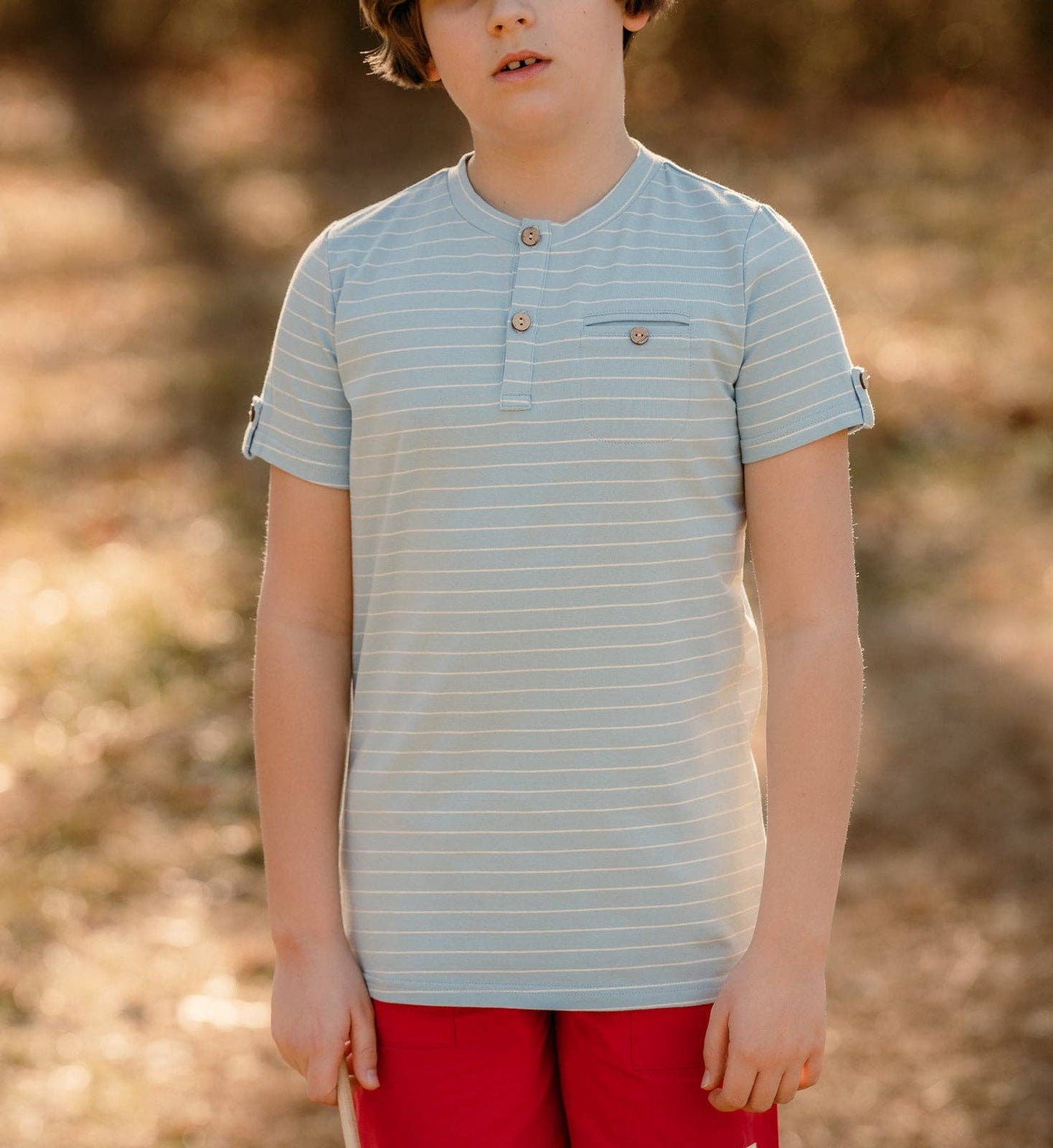 Sawyer & Finn Clothing - Boys Light Blue and White Stripe Short Sleeve Tee, Buttons