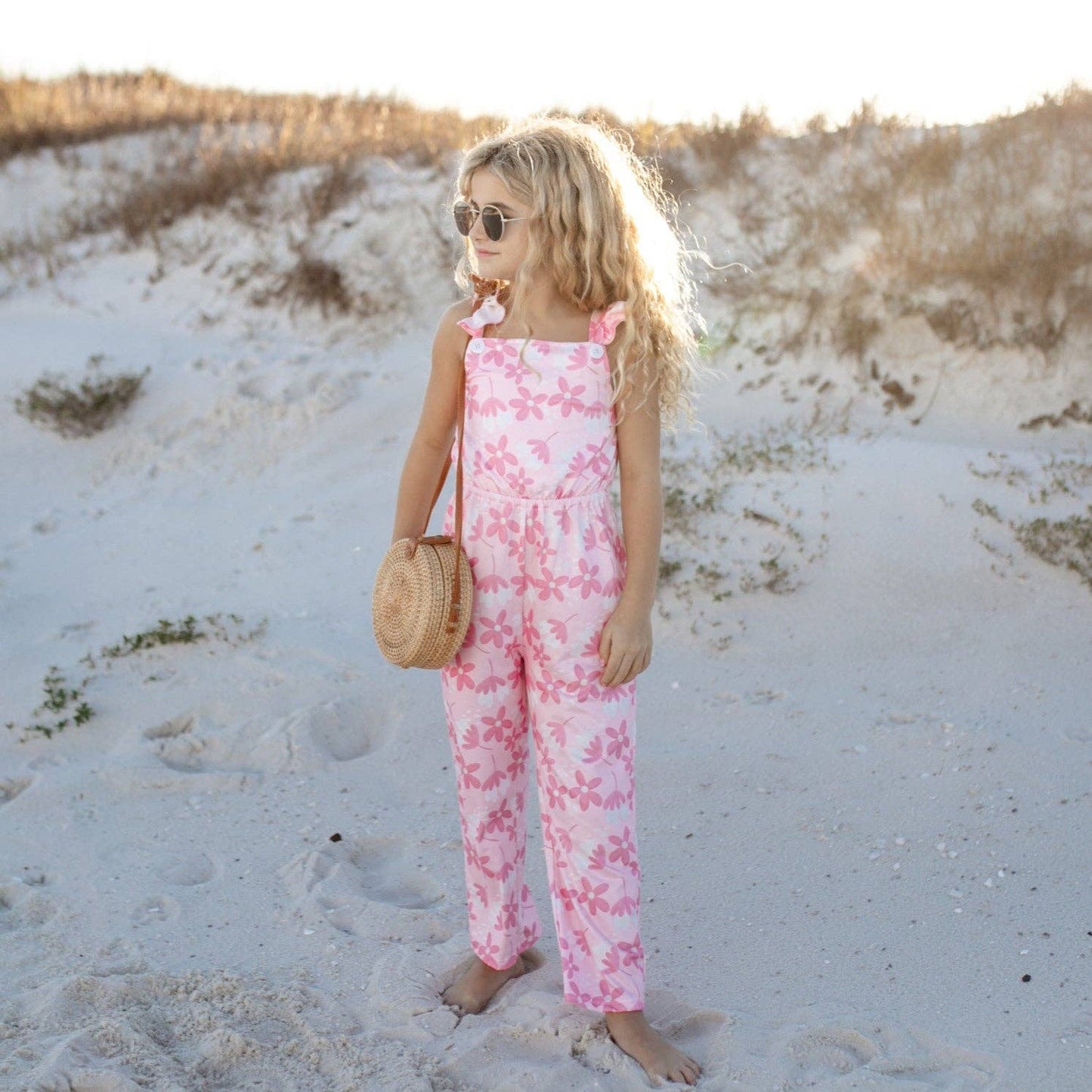 Adorable Sweetness - Kids Pink White Floral Button Ruffle Summer Pocket Jumpsuit