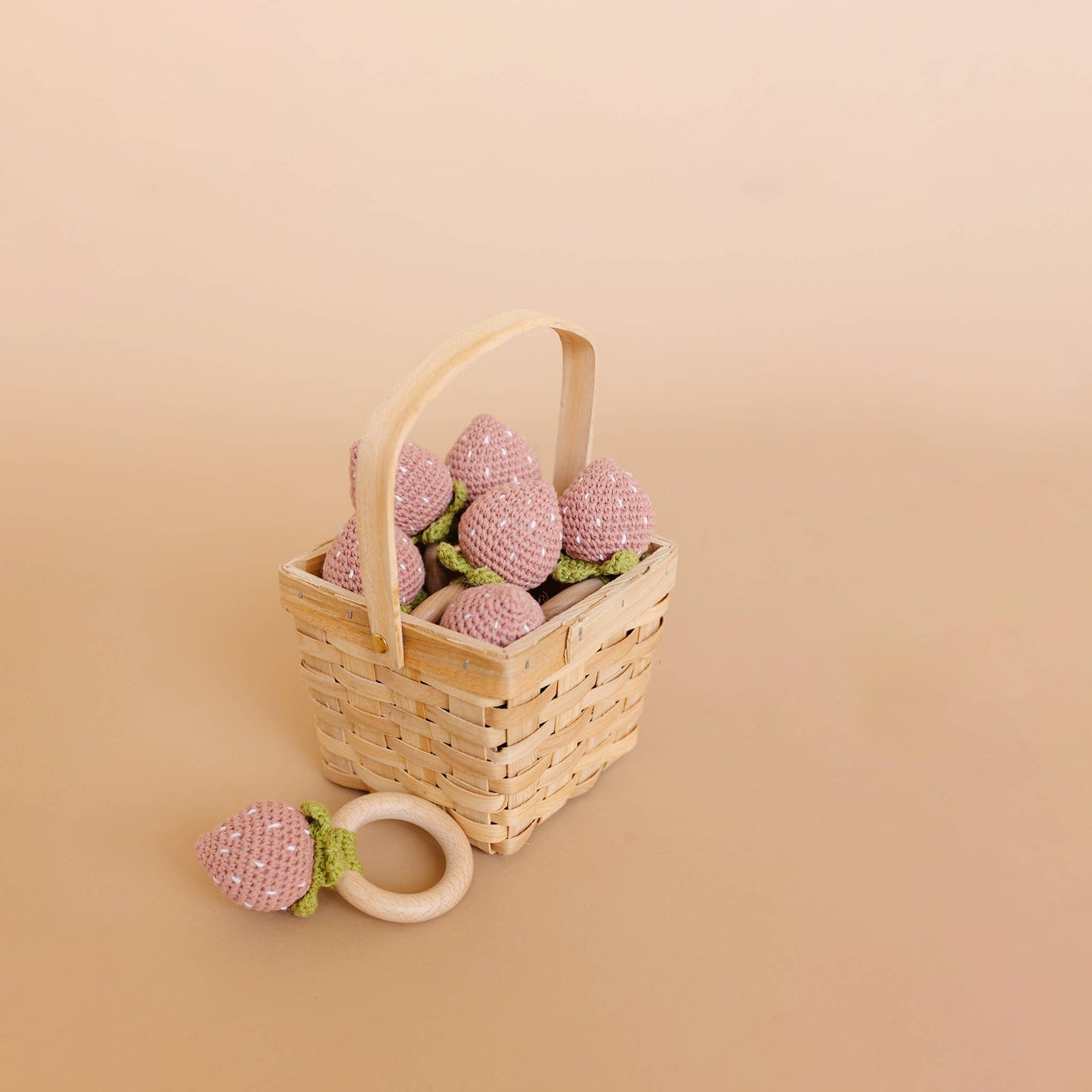 The Blueberry Hill - Teether Strawberry Pink Crochet Rattle Baby Toy Spring
