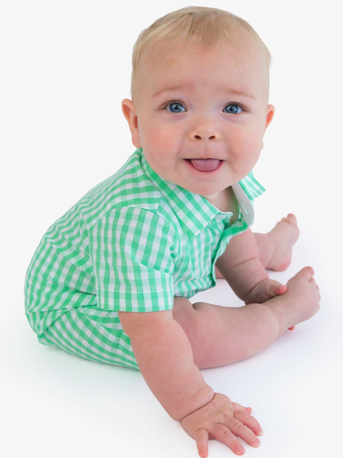 RuffleButts + RuggedButts - Baby Boys Classic Spring Bud Gingham Short Sleeve Woven Button-Up Romper