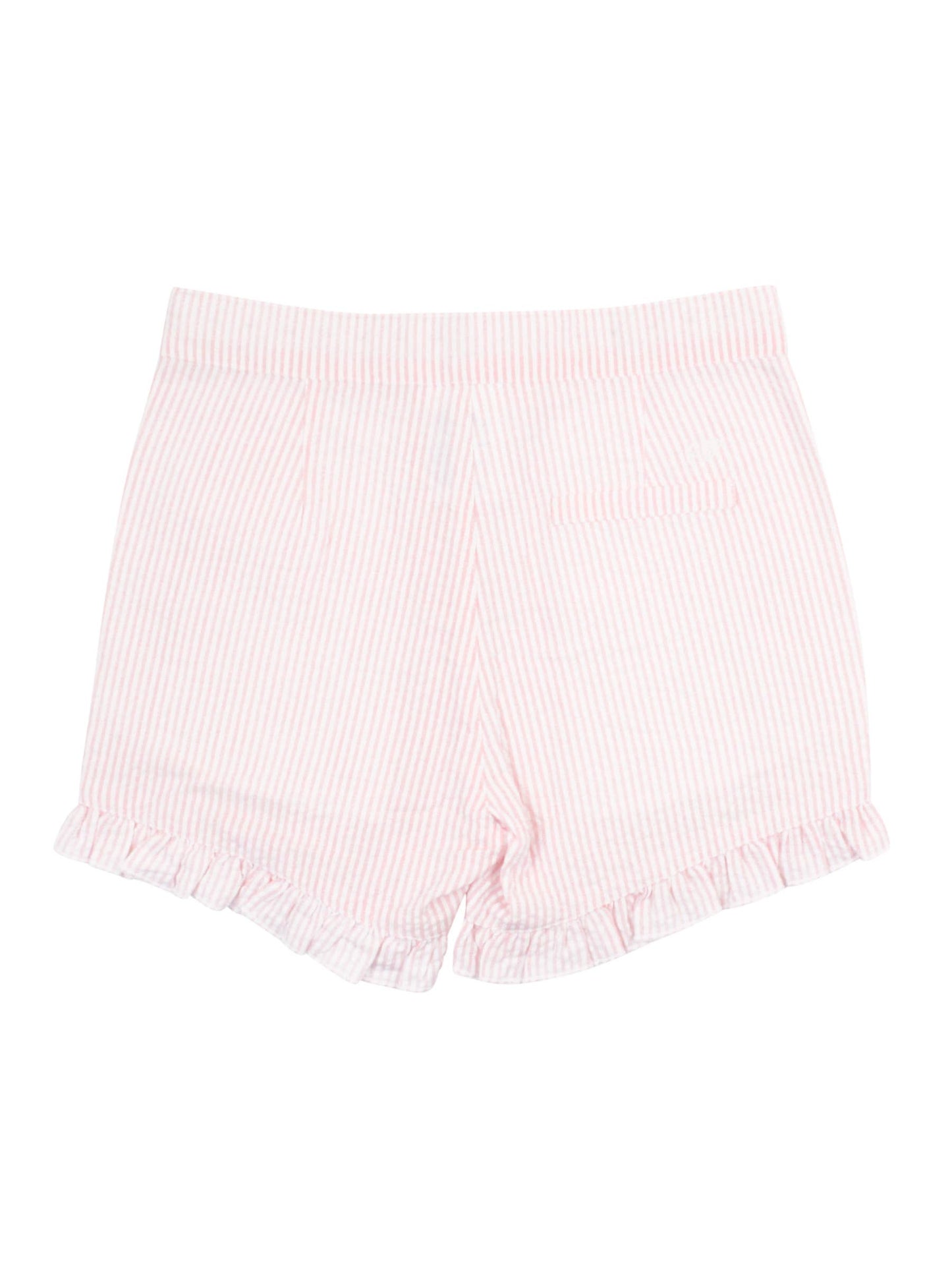RuffleButts + RuggedButts - Girls Pink Seersucker Ruffle Trim Woven Shorts