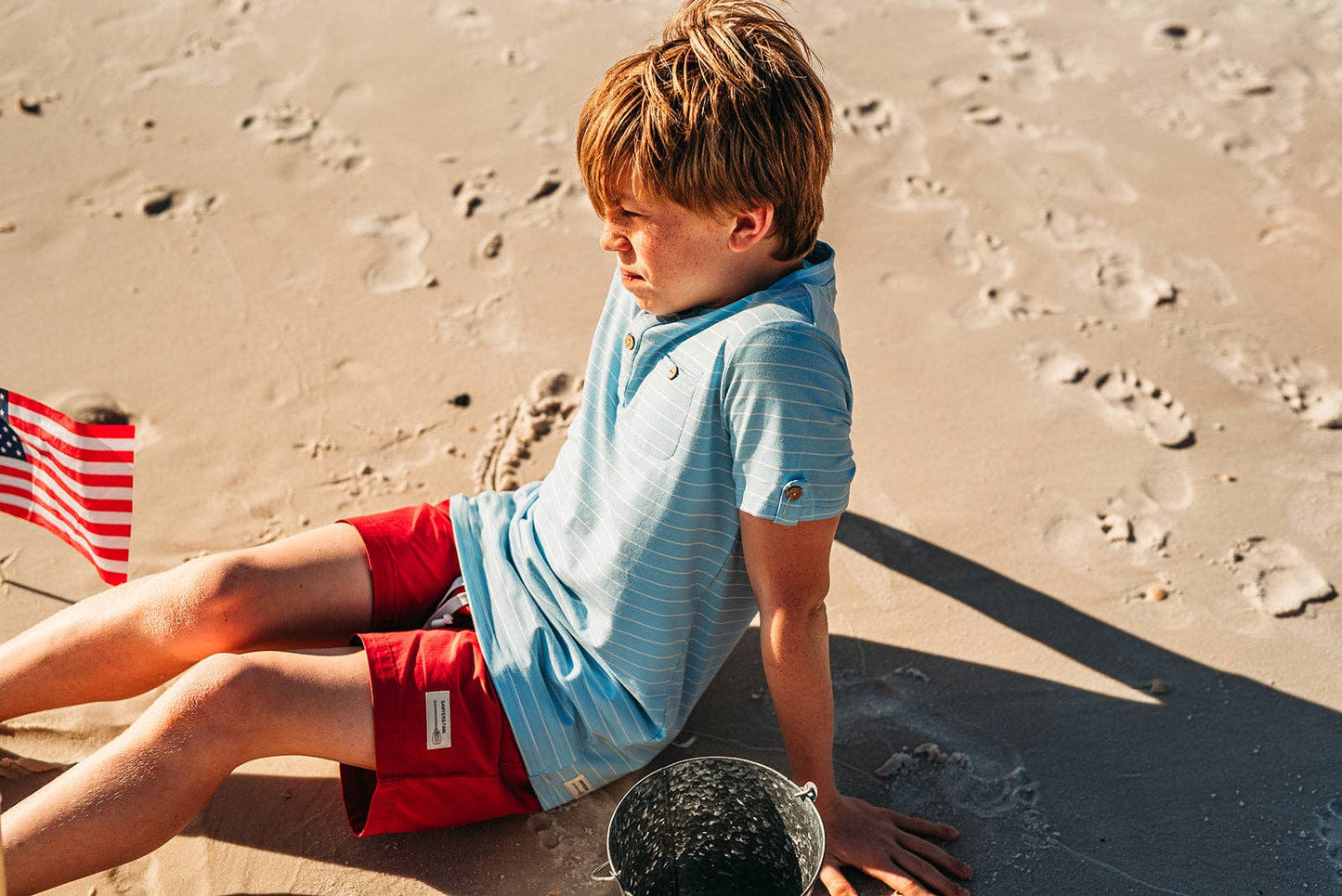 Sawyer & Finn Clothing - Boys Light Blue and White Stripe Short Sleeve Tee, Buttons
