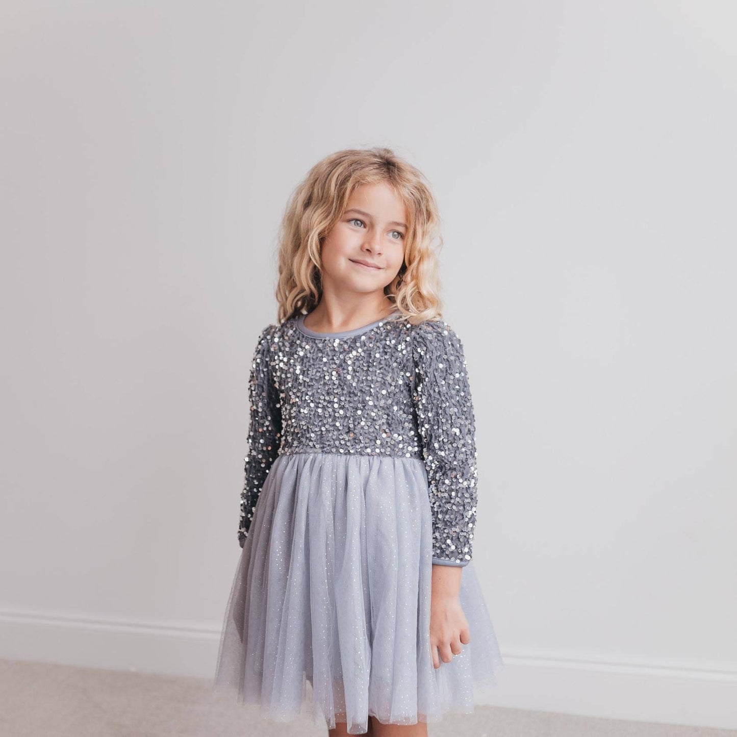 Oopsie Daisy - Kids Sequin Silver Fancy Sparkle Tulle Holiday Party Dress