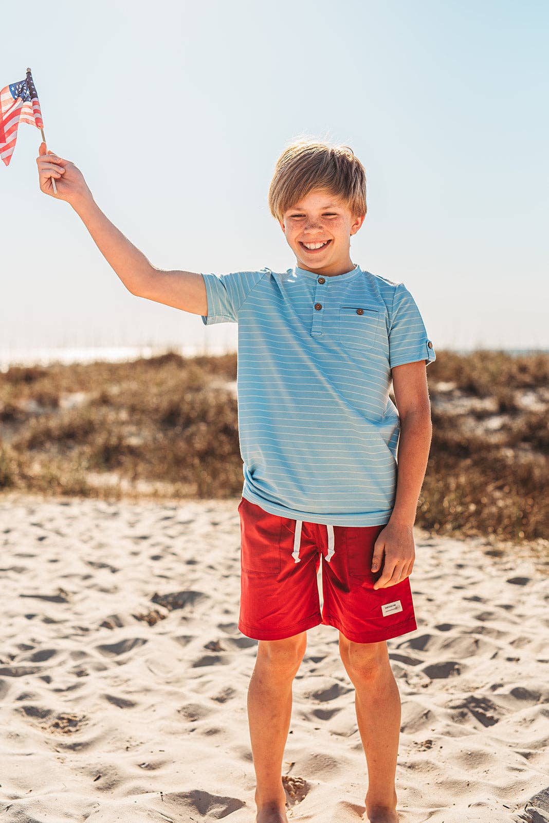 Sawyer & Finn Clothing - Boys Light Blue and White Stripe Short Sleeve Tee, Buttons