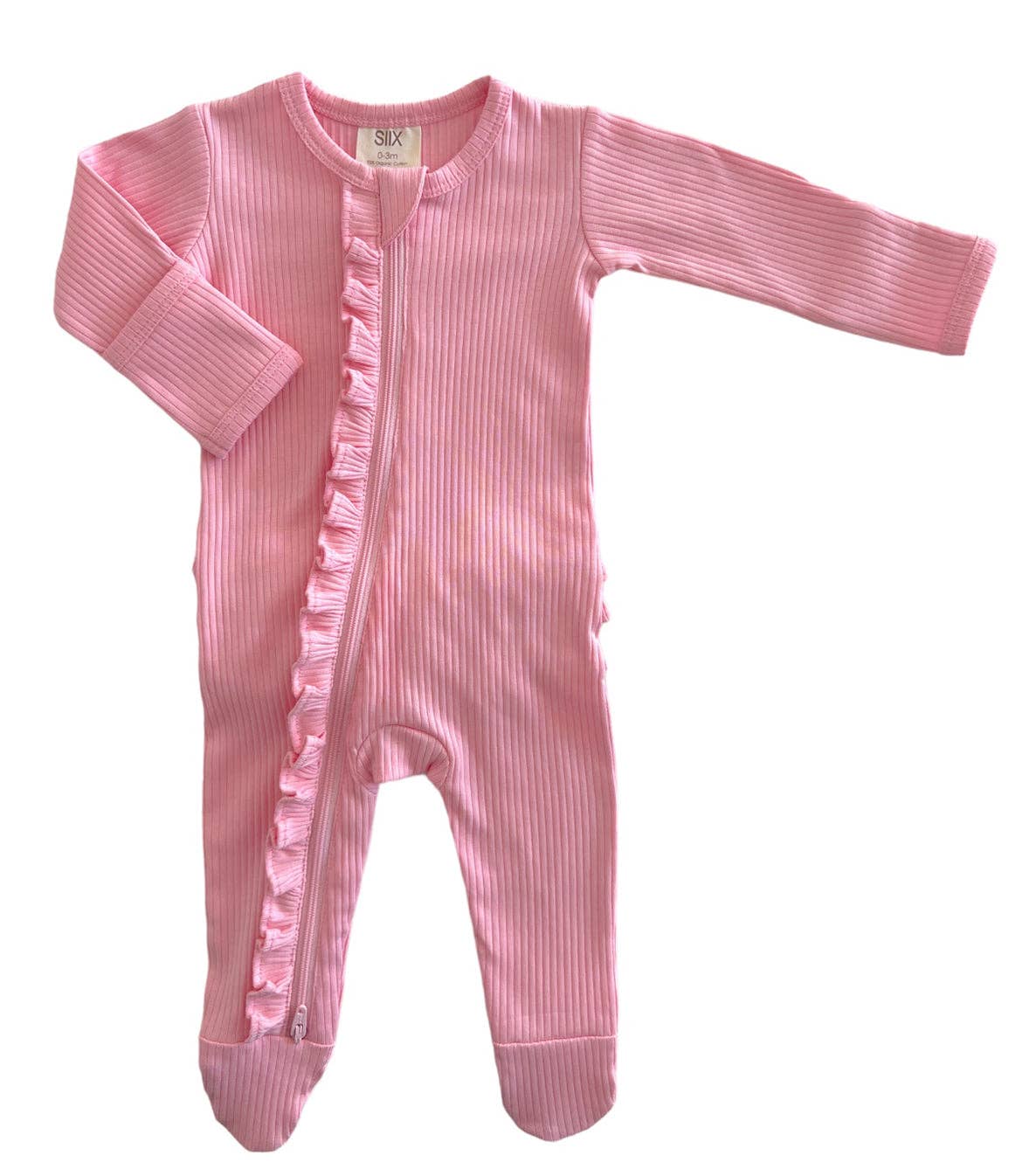 SIIX Collection - Pink / Organic Ribbed Frill Zip Footie