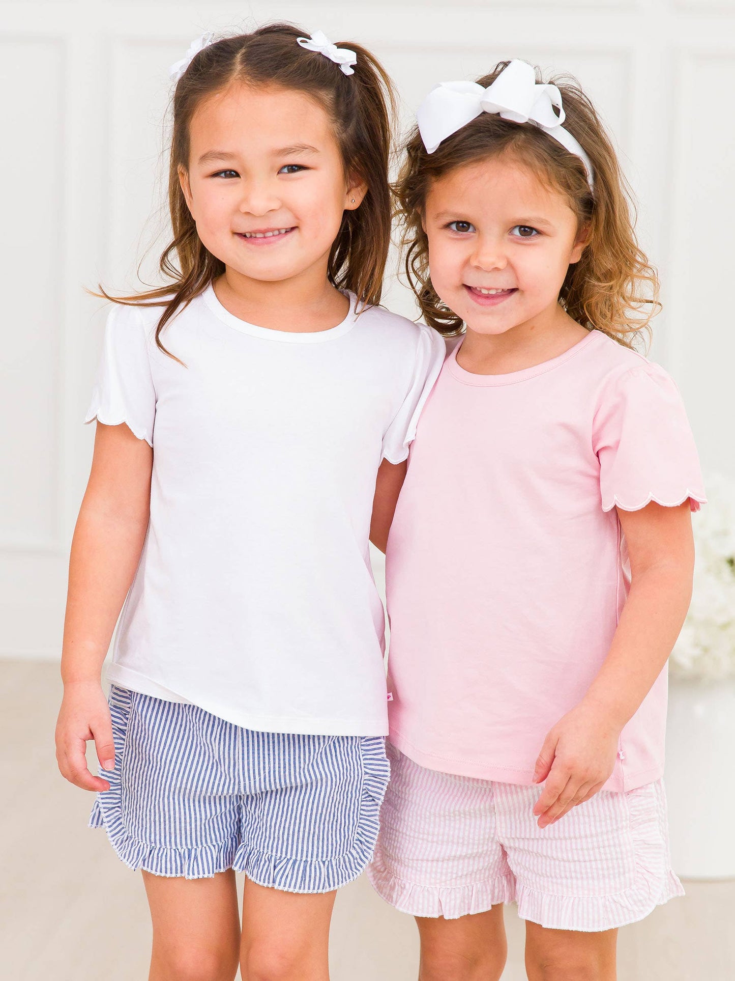 RuffleButts + RuggedButts - Girls Classic Blue Seersucker Ruffle Trim Woven Shorts