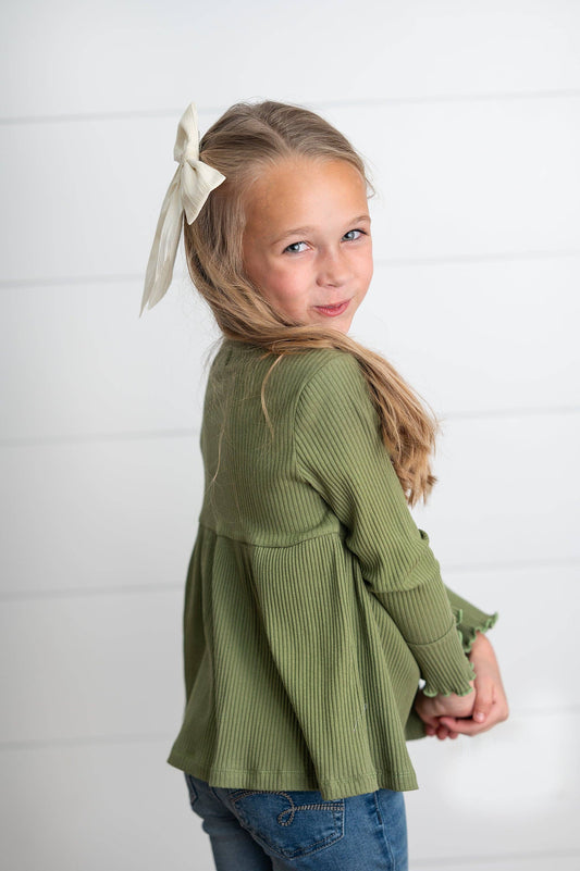 Oopsie Daisy - Kids Olive Long Sleeve Lettuce Trim Ribbed Fall Winter Shirt