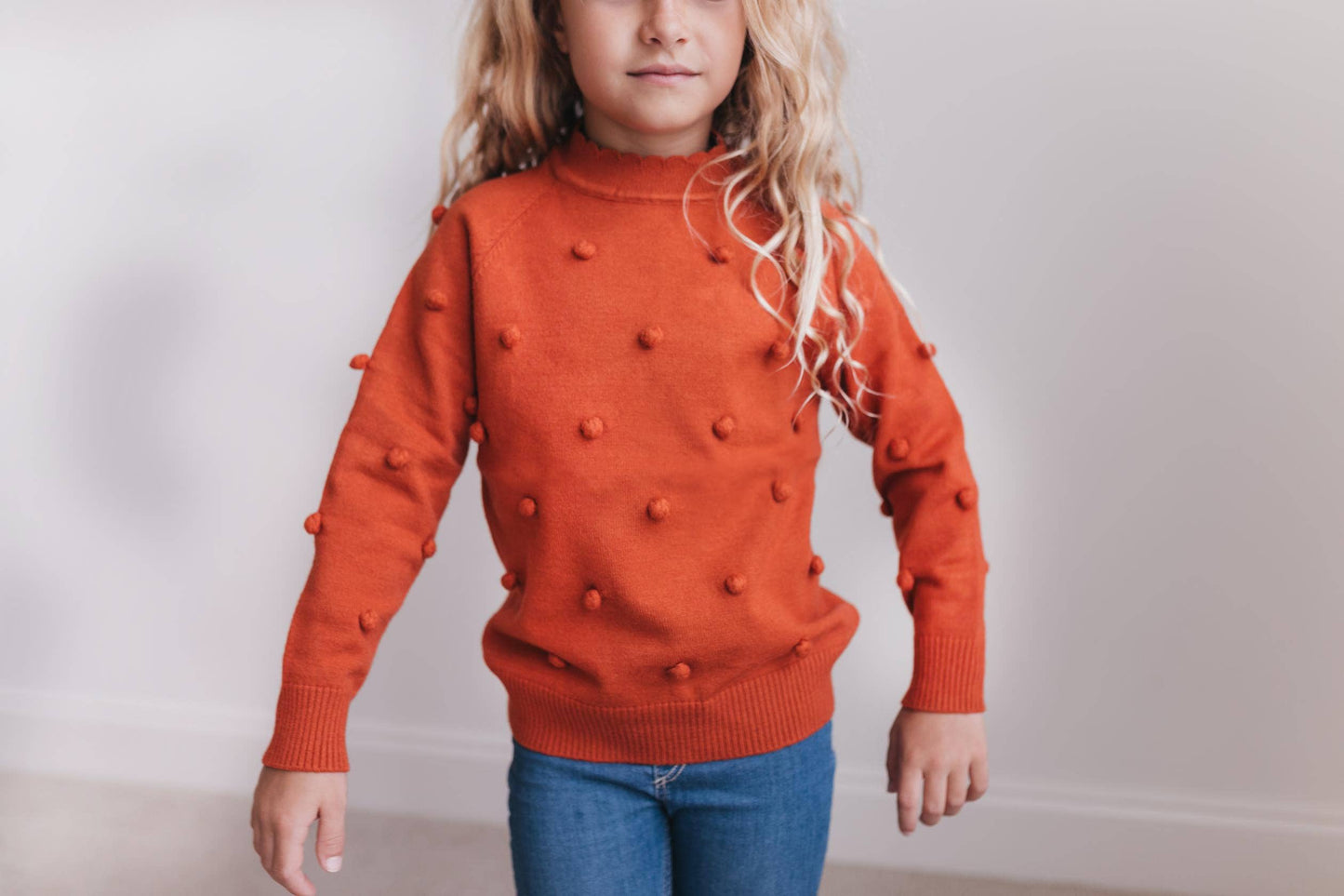 Adorable Sweetness - Kids Rust Pom Pom Fall Winter Scalloped Crew Neck Sweater
