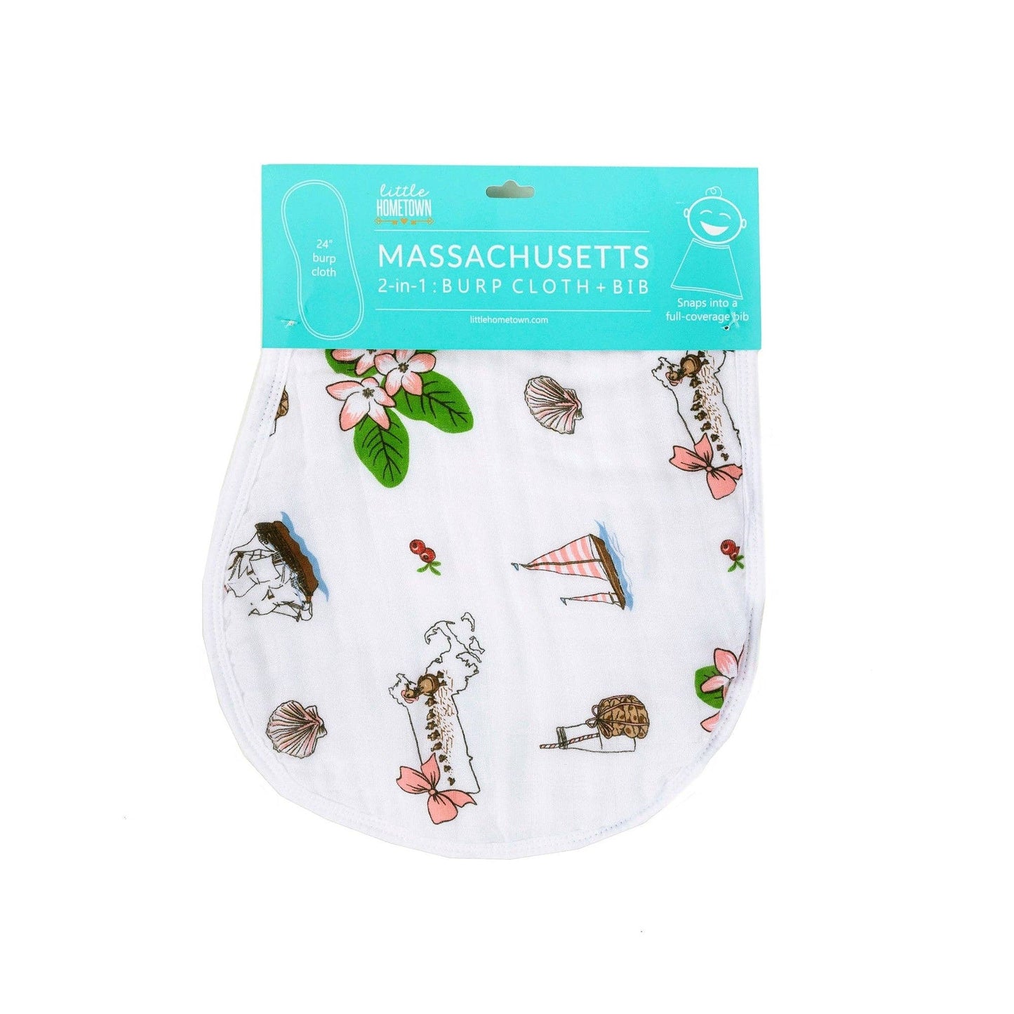 Little Hometown - Baby Burp Cloth & Bib Combo: Massachusetts (Floral)