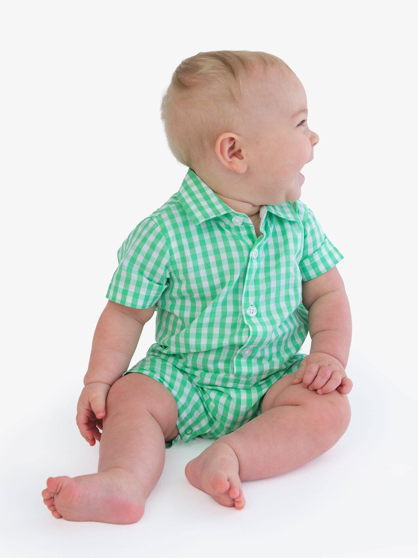 RuffleButts + RuggedButts - Baby Boys Classic Spring Bud Gingham Short Sleeve Woven Button-Up Romper