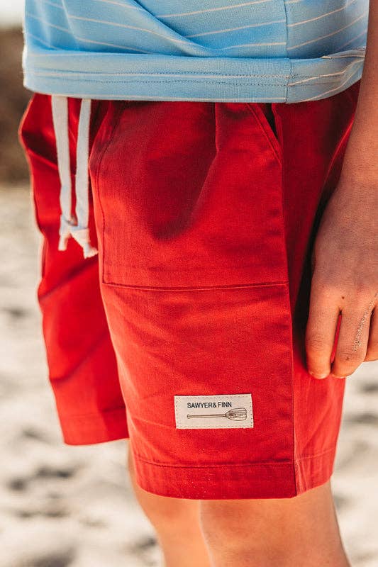Sawyer & Finn Clothing - Boys Red Drawstring Shorts, Pockets, Above the knee