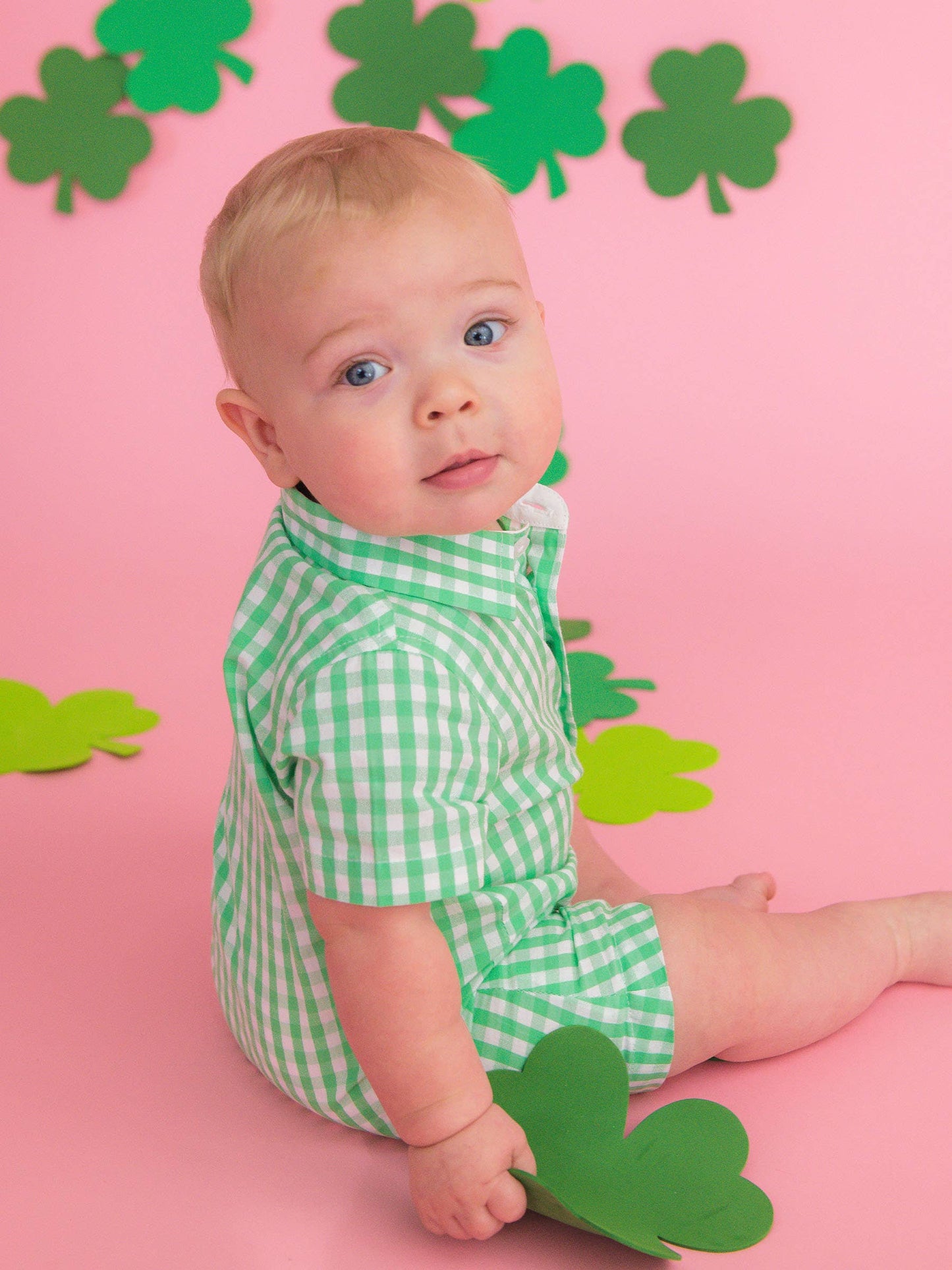 RuffleButts + RuggedButts - Baby Boys Classic Spring Bud Gingham Short Sleeve Woven Button-Up Romper