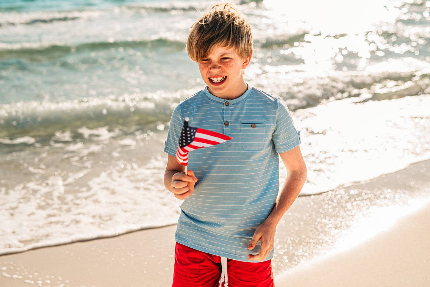 Sawyer & Finn Clothing - Boys Light Blue and White Stripe Short Sleeve Tee, Buttons
