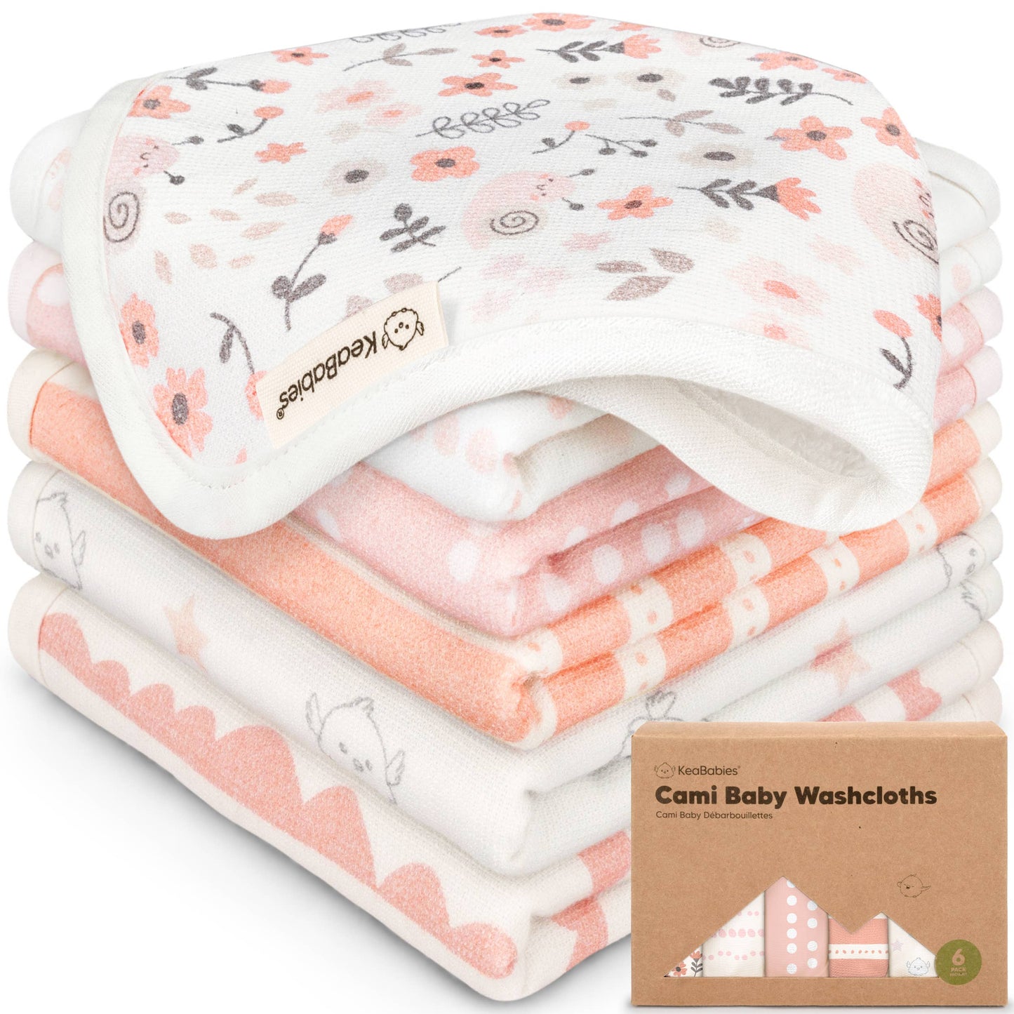 KeaBabies - 6-Pack Organic Cami Baby Washcloths for Face & Bath Towels