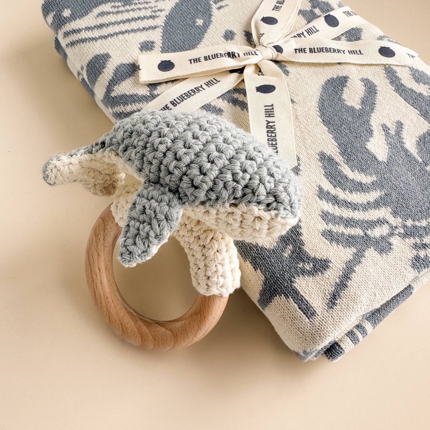 The Blueberry Hill - Teether Whale Cotton Crochet Rattle Baby Gift Spring Summer
