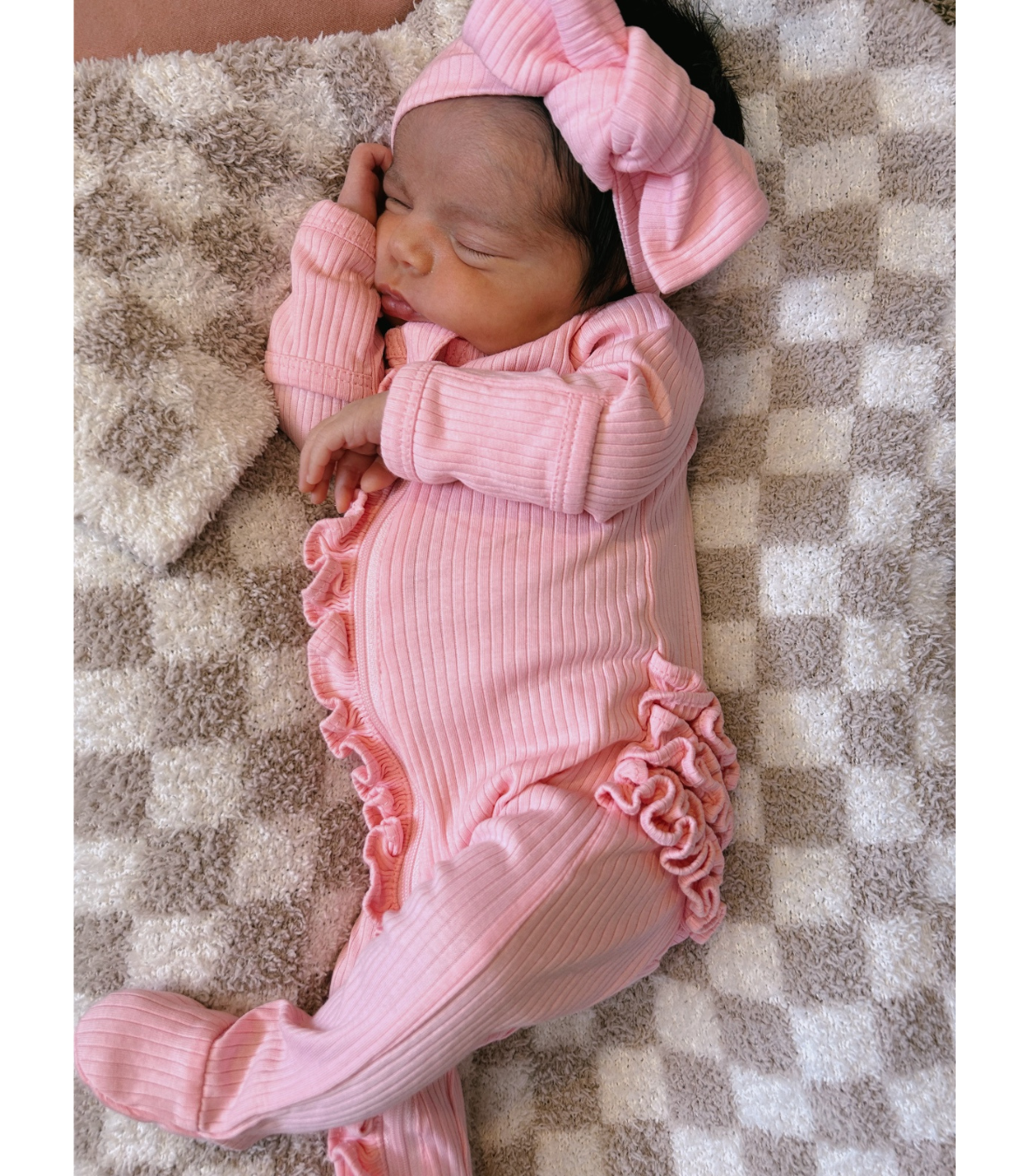 SIIX Collection - Pink / Organic Ribbed Frill Zip Footie