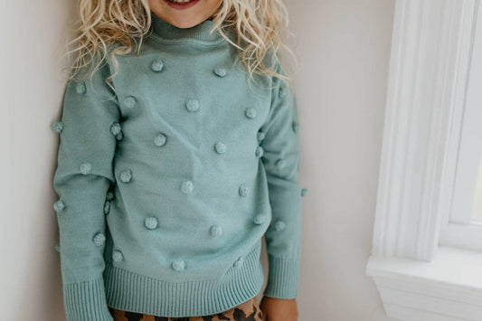 Adorable Sweetness - Kids Teal Pom Pom Fall Winter Scalloped Crew Neck Sweater