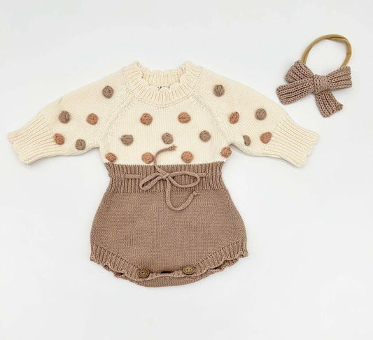 OLIVE & CRADLE - Lottie Dot Knit Romper – Cream Fog