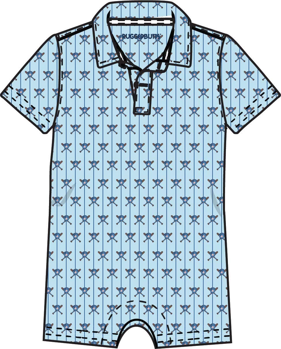RuffleButts + RuggedButts - Baby Boys Blue Batter Up Baseball Performance Polo Romper