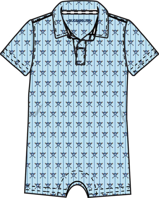 RuffleButts + RuggedButts - Baby Boys Blue Batter Up Baseball Performance Polo Romper