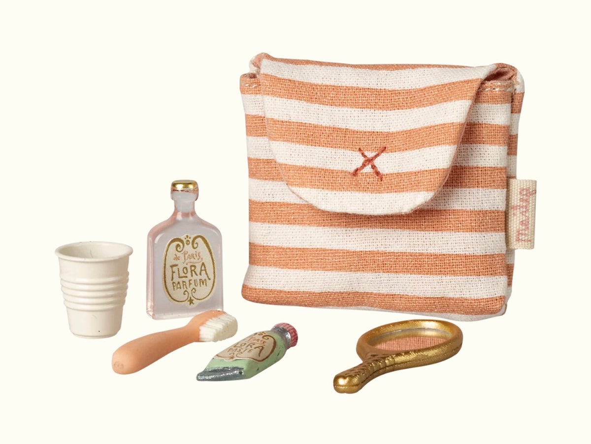 Maileg - Toothbrush Set in Bag, Mouse - Coral Stripe
