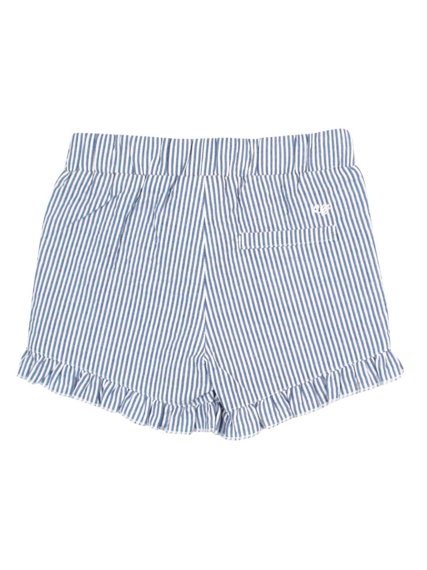 RuffleButts + RuggedButts - Toddler Girls Classic Blue Seersucker Ruffle Trim Woven Shorts