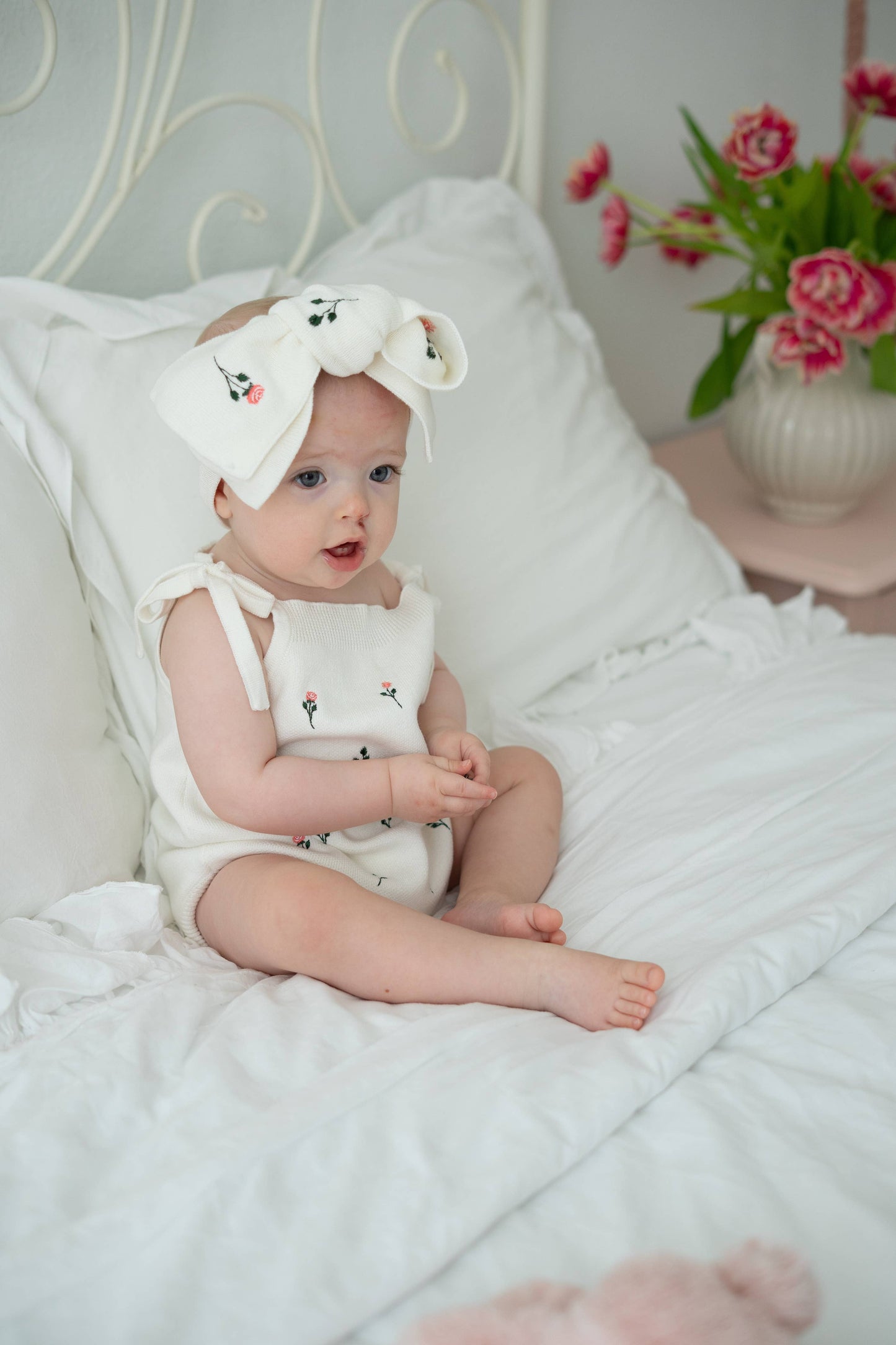 Luna + Luca - Floral Embroidery Romper + Bow - White