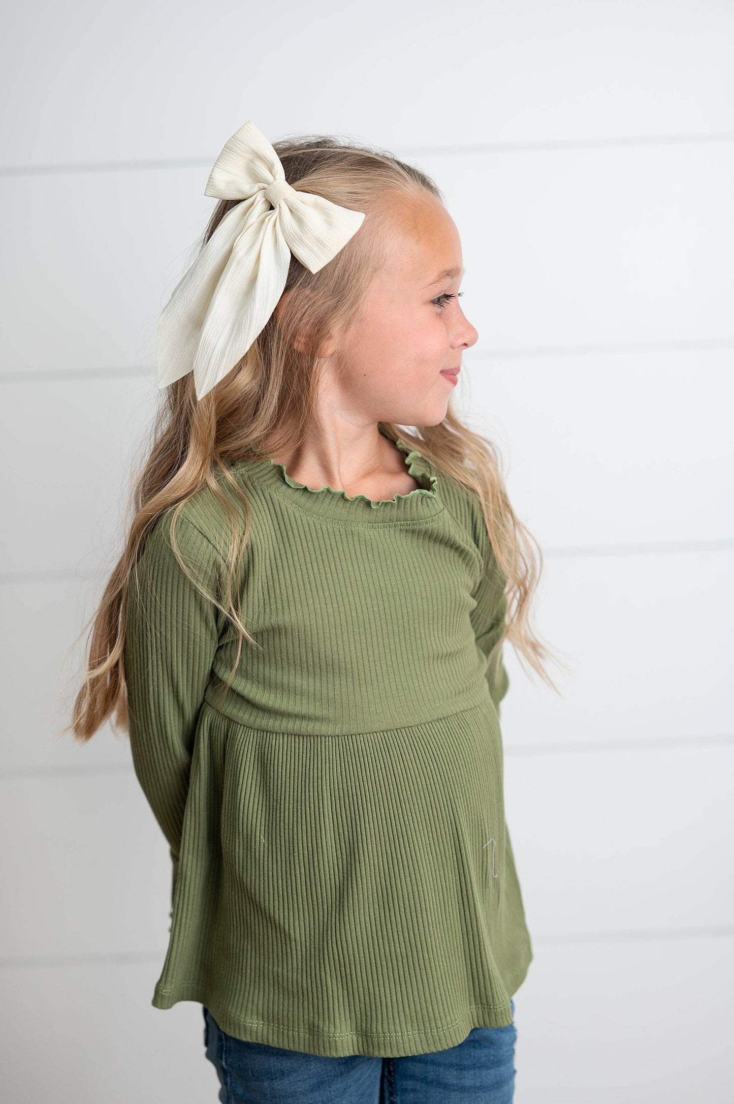 Oopsie Daisy - Kids Olive Long Sleeve Lettuce Trim Ribbed Fall Winter Shirt