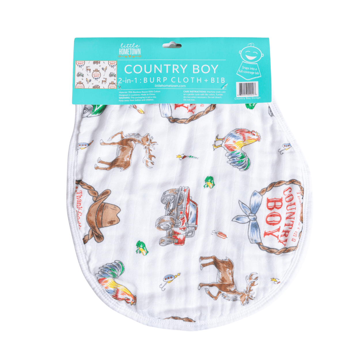 Little Hometown - Country Baby Boy Burp Cloth and Bib 2 in 1  Soft Bamboo Organic Cotton Combo