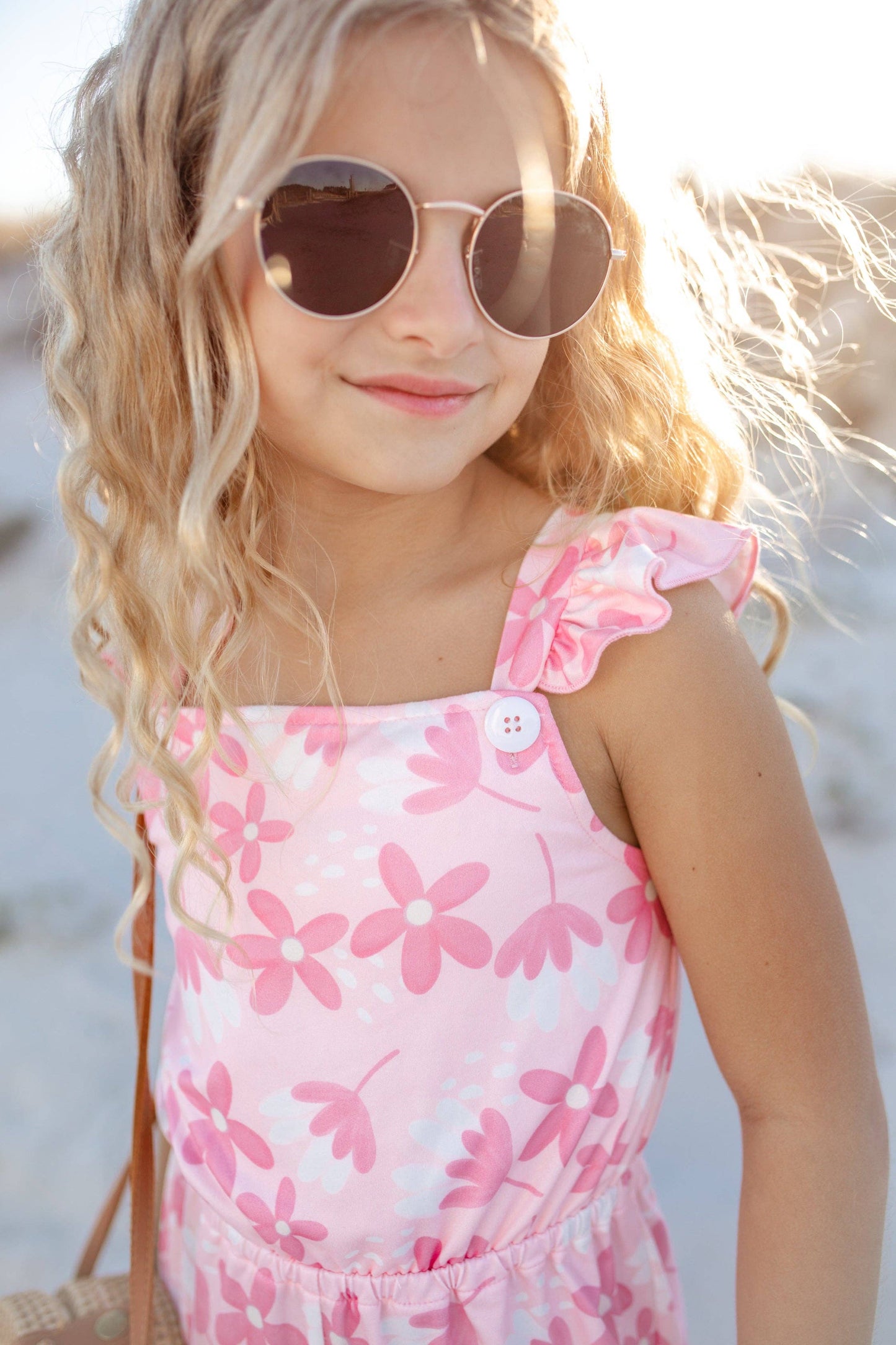 Adorable Sweetness - Kids Pink White Floral Button Ruffle Summer Pocket Jumpsuit