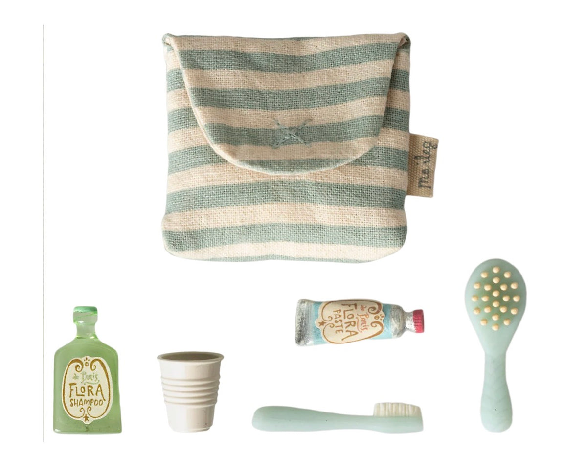 Maileg - Toothbrush Set in Bag, Mouse - Blue Stripe