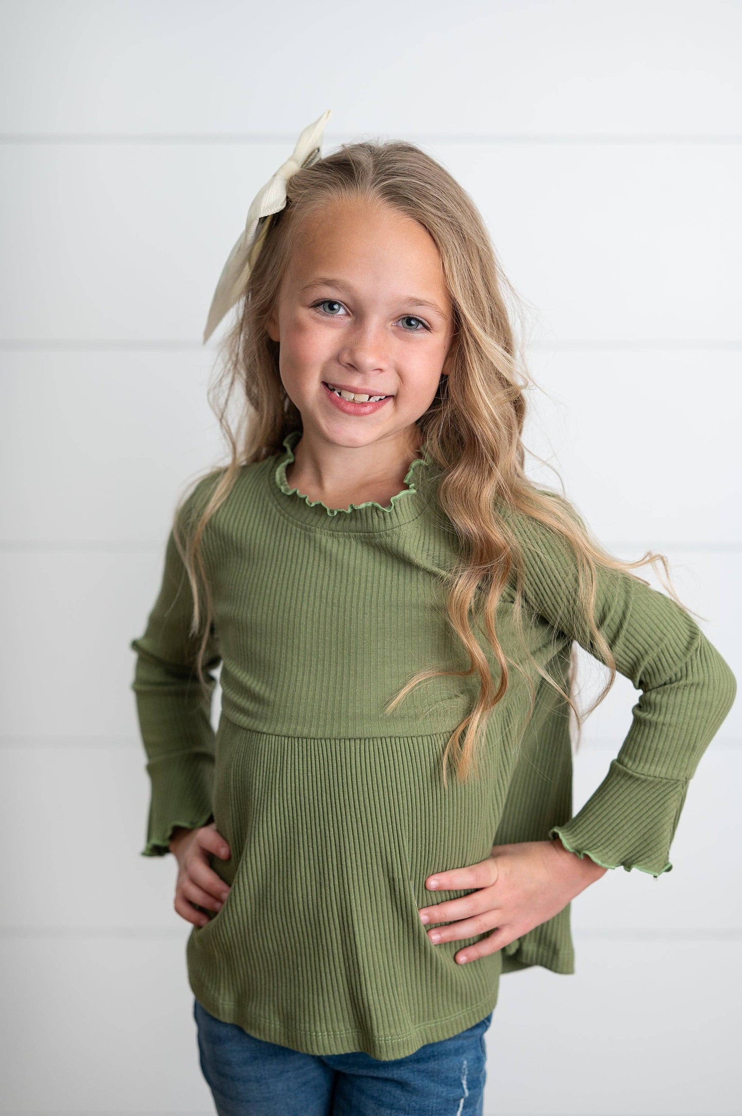 Oopsie Daisy - Kids Olive Long Sleeve Lettuce Trim Ribbed Fall Winter Shirt