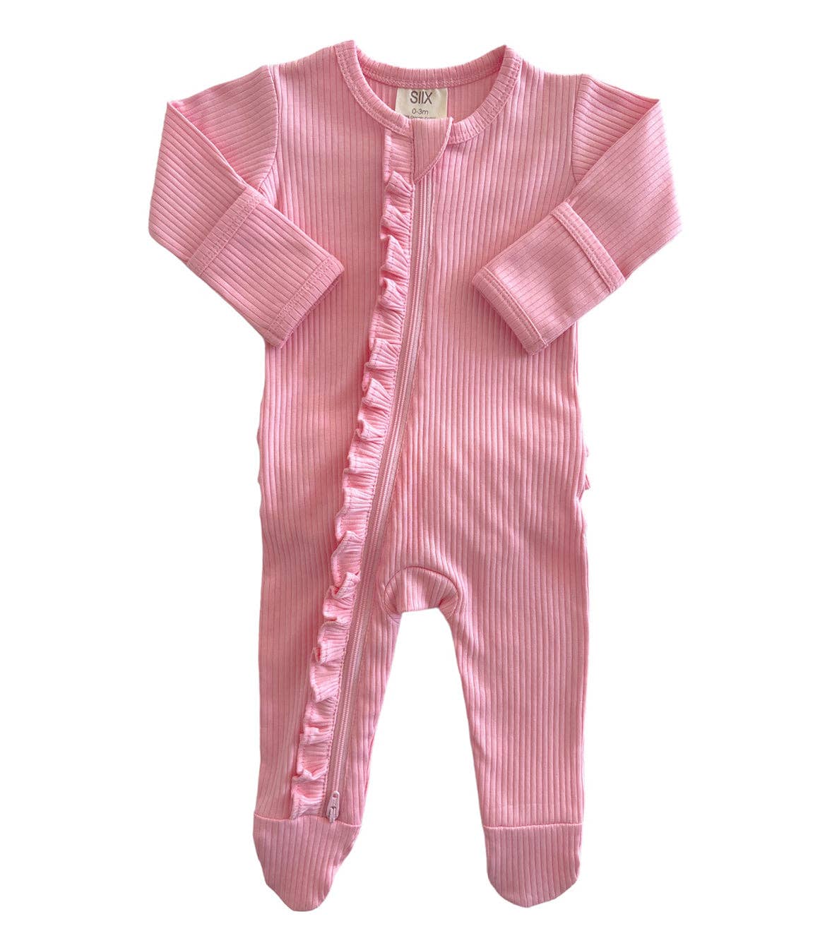 SIIX Collection - Pink / Organic Ribbed Frill Zip Footie
