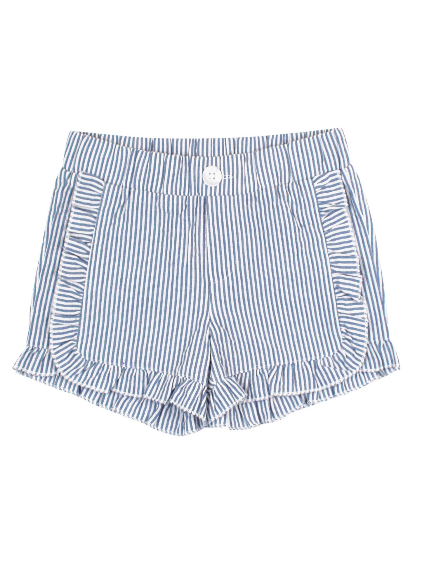 RuffleButts + RuggedButts - Toddler Girls Classic Blue Seersucker Ruffle Trim Woven Shorts