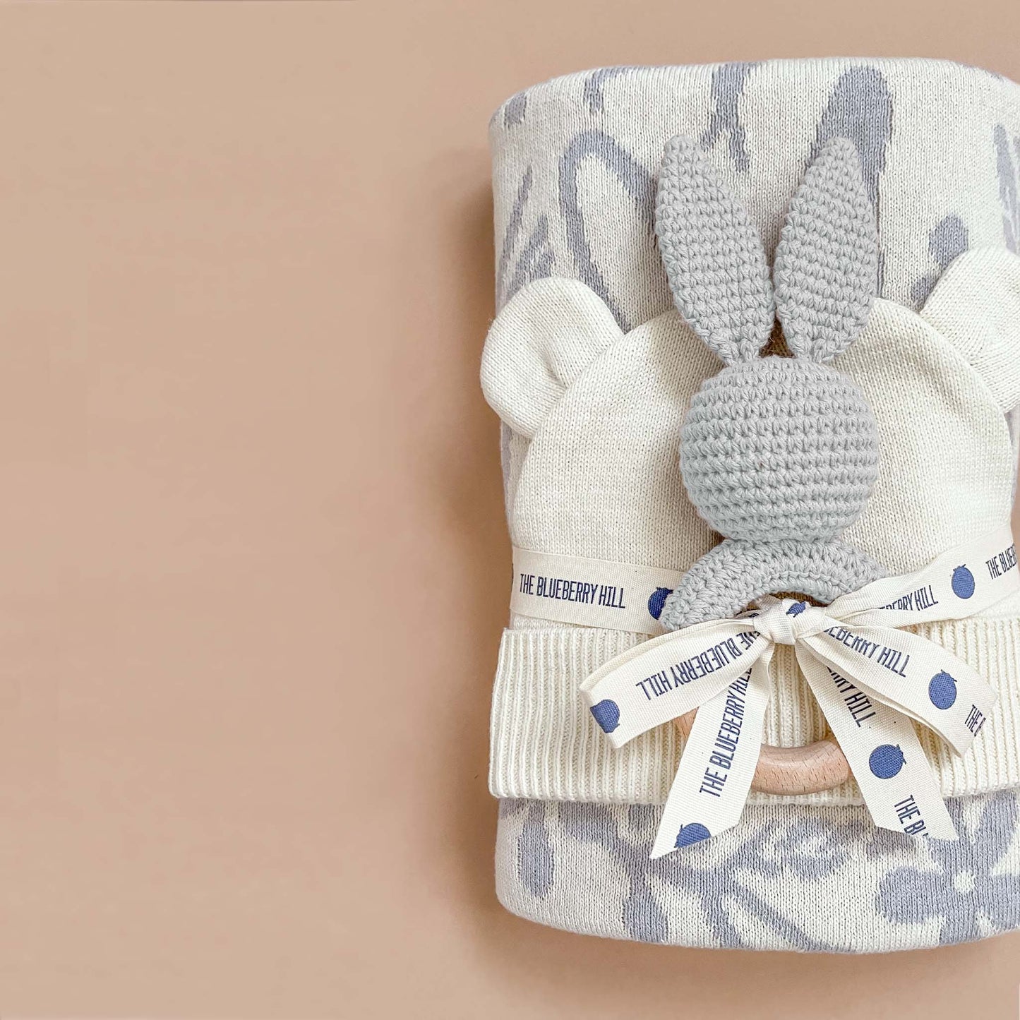 The Blueberry Hill - Teether Bunny Grey Cotton Rattle Baby Gift Spring