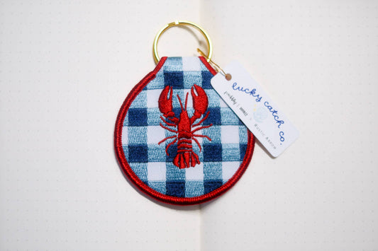 Scribbles and Doodlez - Picnic lobster | blue gingham embroidered keychain