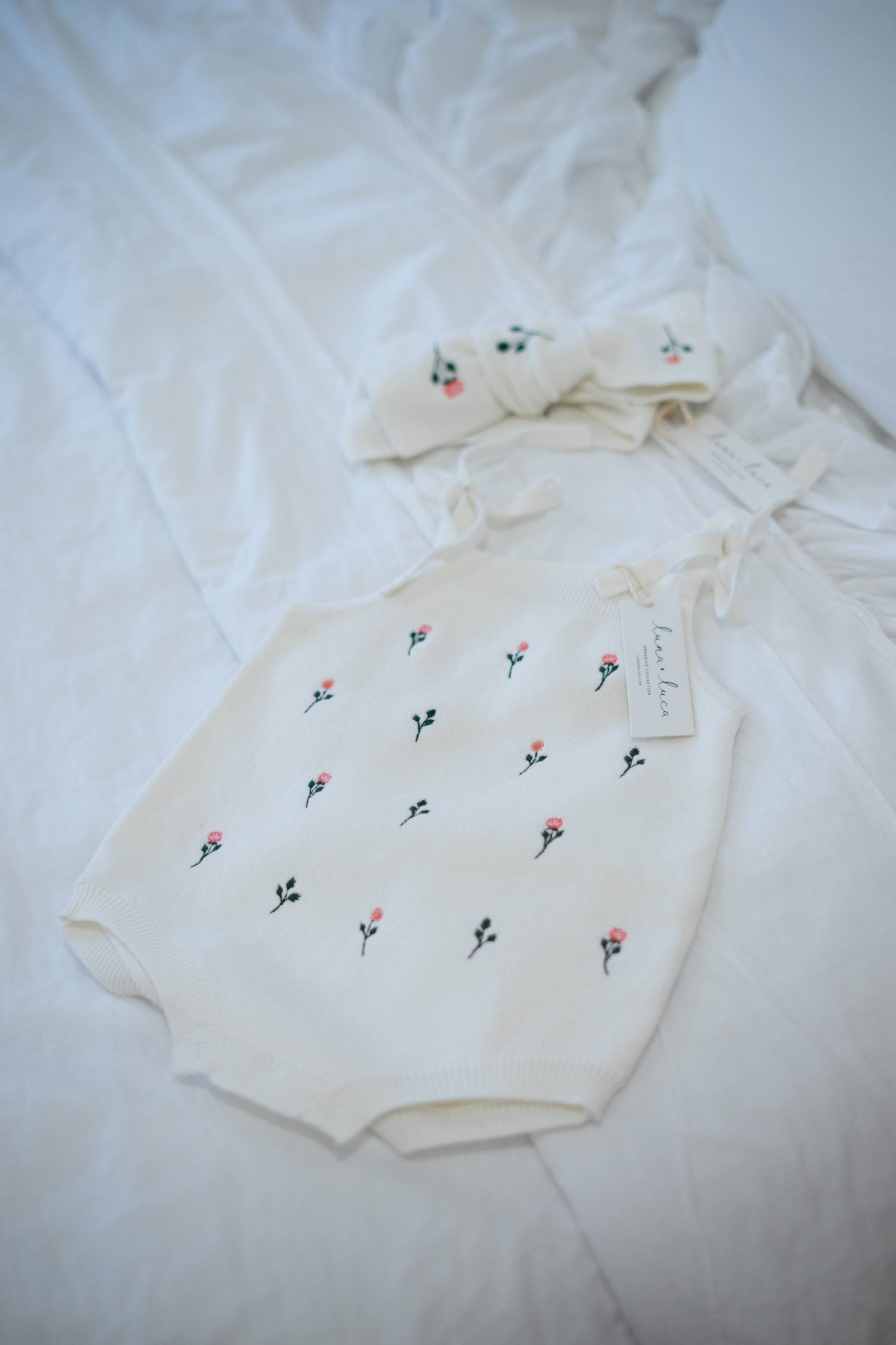 Luna + Luca - Floral Embroidery Romper + Bow - White