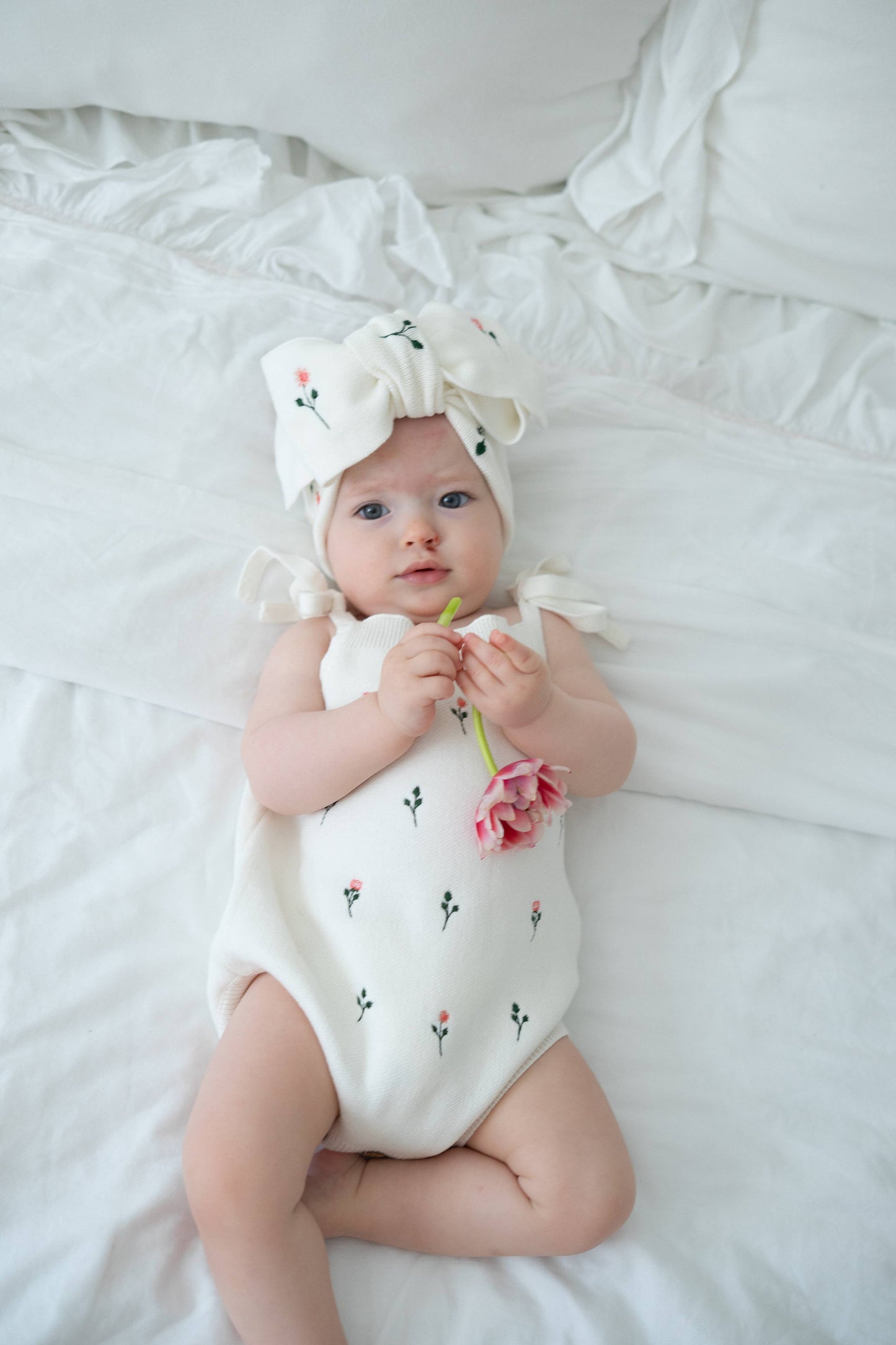 Luna + Luca - Floral Embroidery Romper + Bow - White