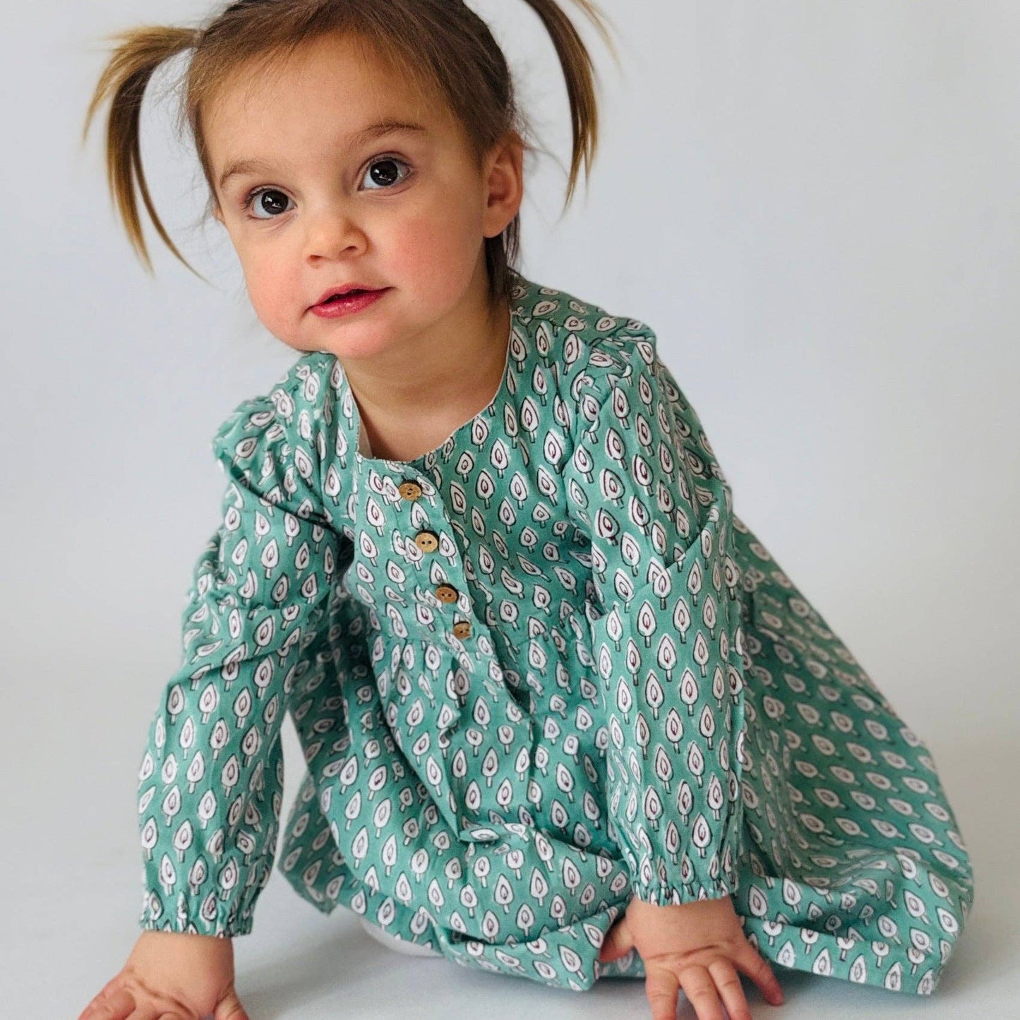 Meerahi - Fall Front-Opening Green Petal Print Dress for Girls