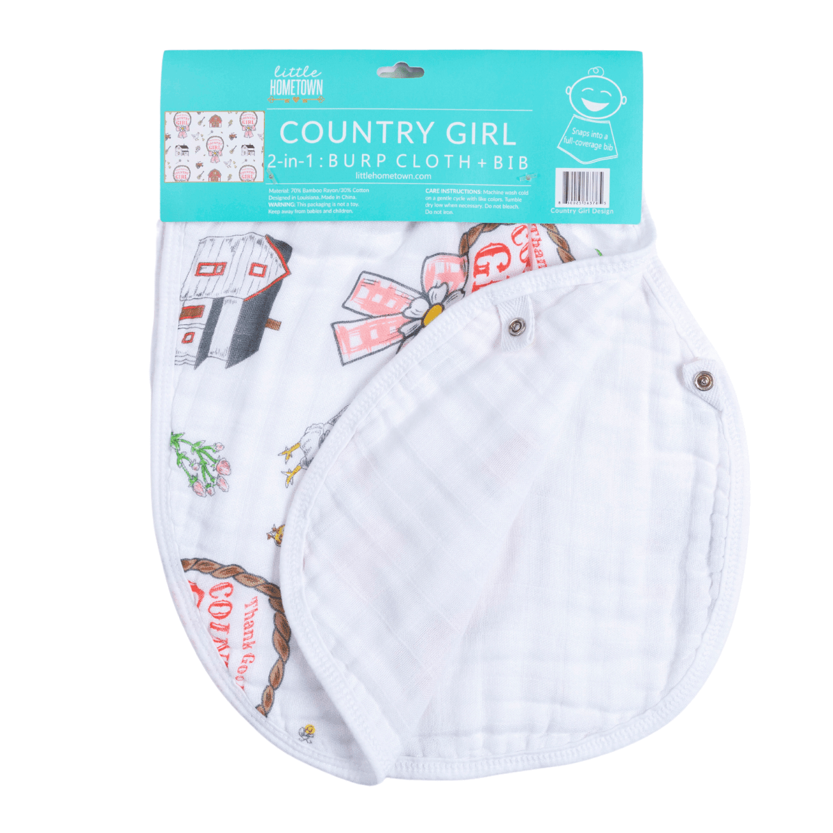 Little Hometown - Country Baby Girl Burp Cloth and Bib 2 in 1  Absorbent and Gentle on Newborn Skin