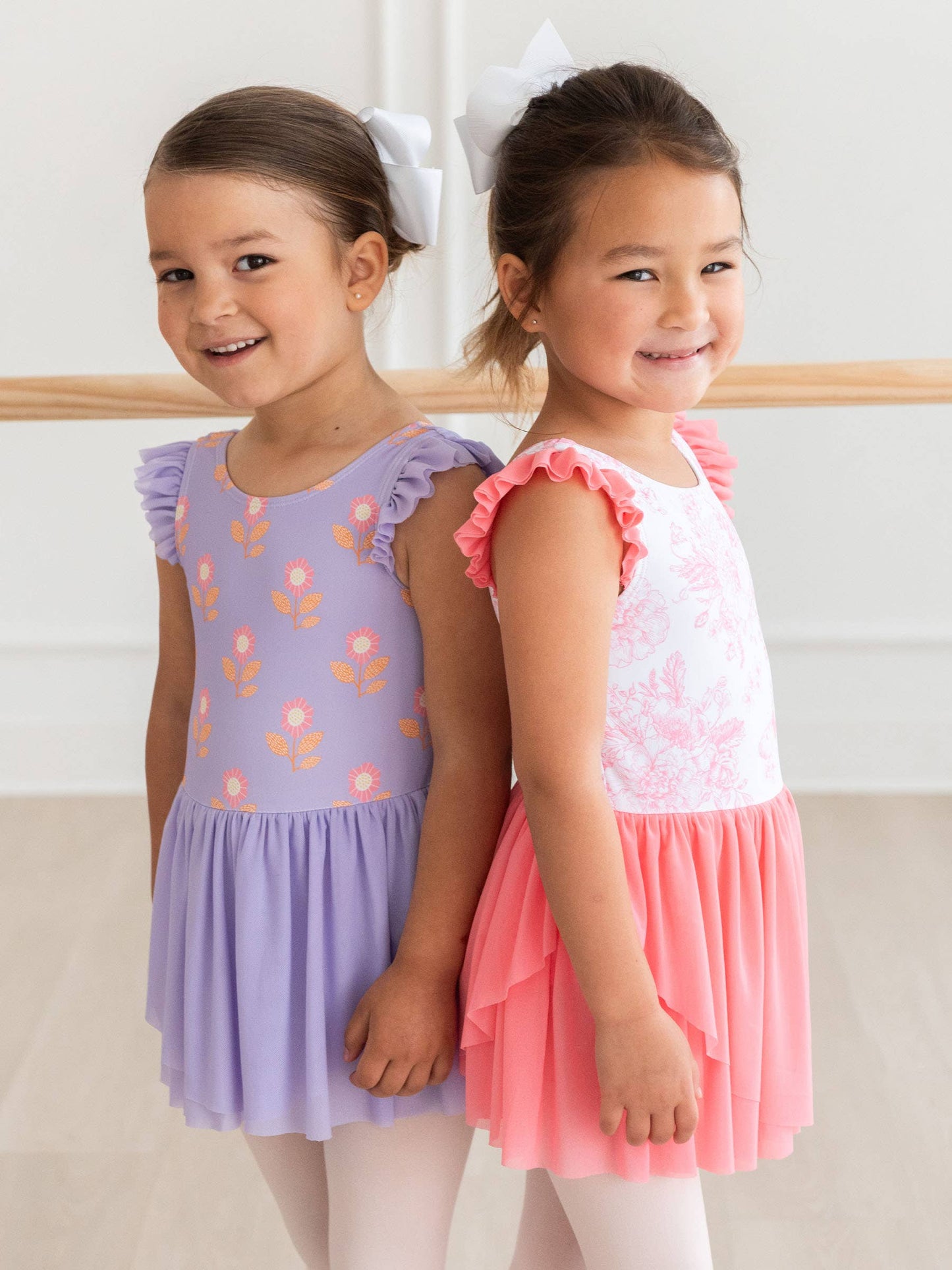 RuffleButts + RuggedButts - Girls Bubblegum Pink Butterfly Garden Toile Flutter Sleeve Dance & Gymnastics Leotard